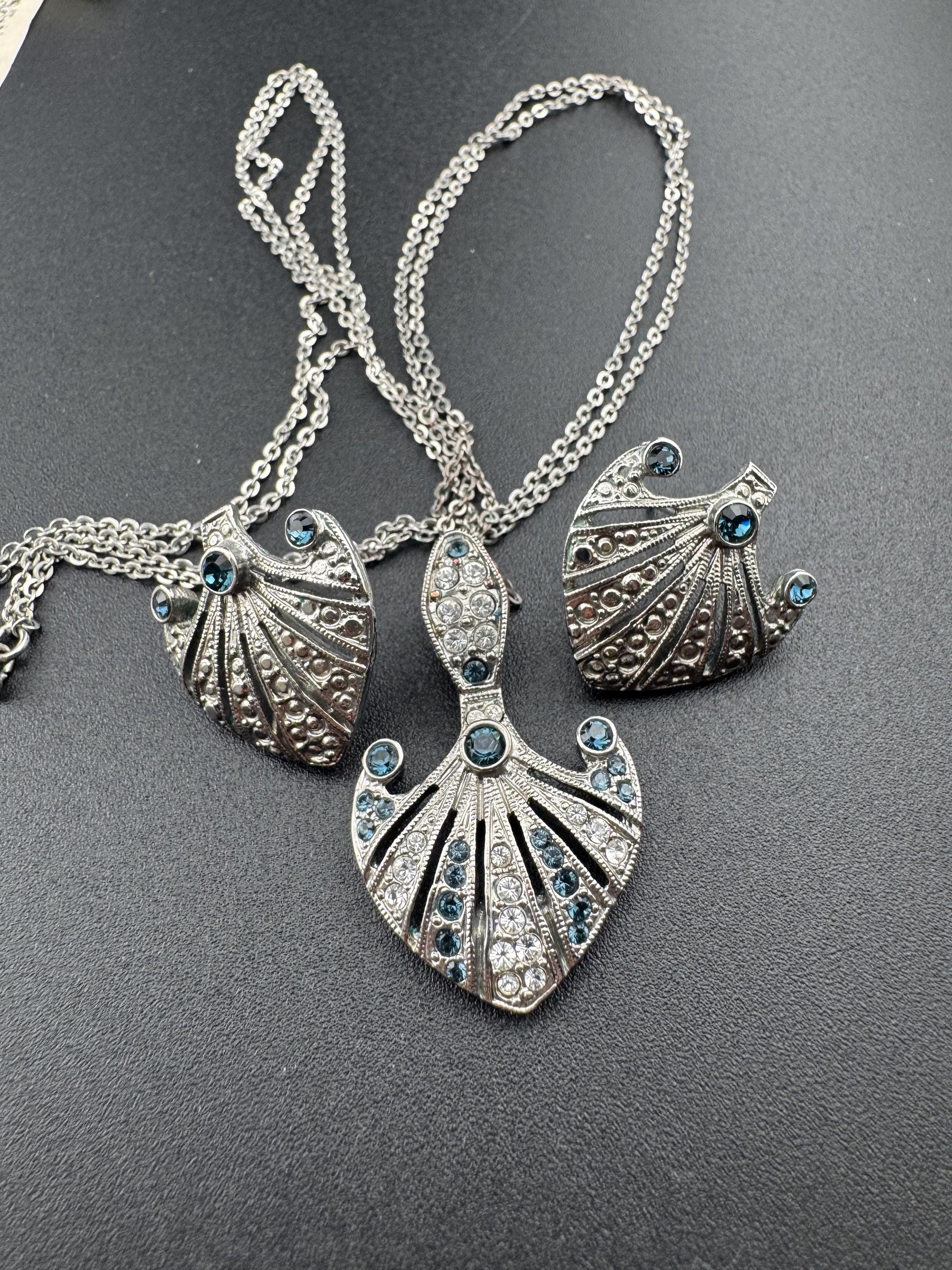 Vintage JBK Camrose & Kross Rhinestone Sapphire Necklace and Earrings Set