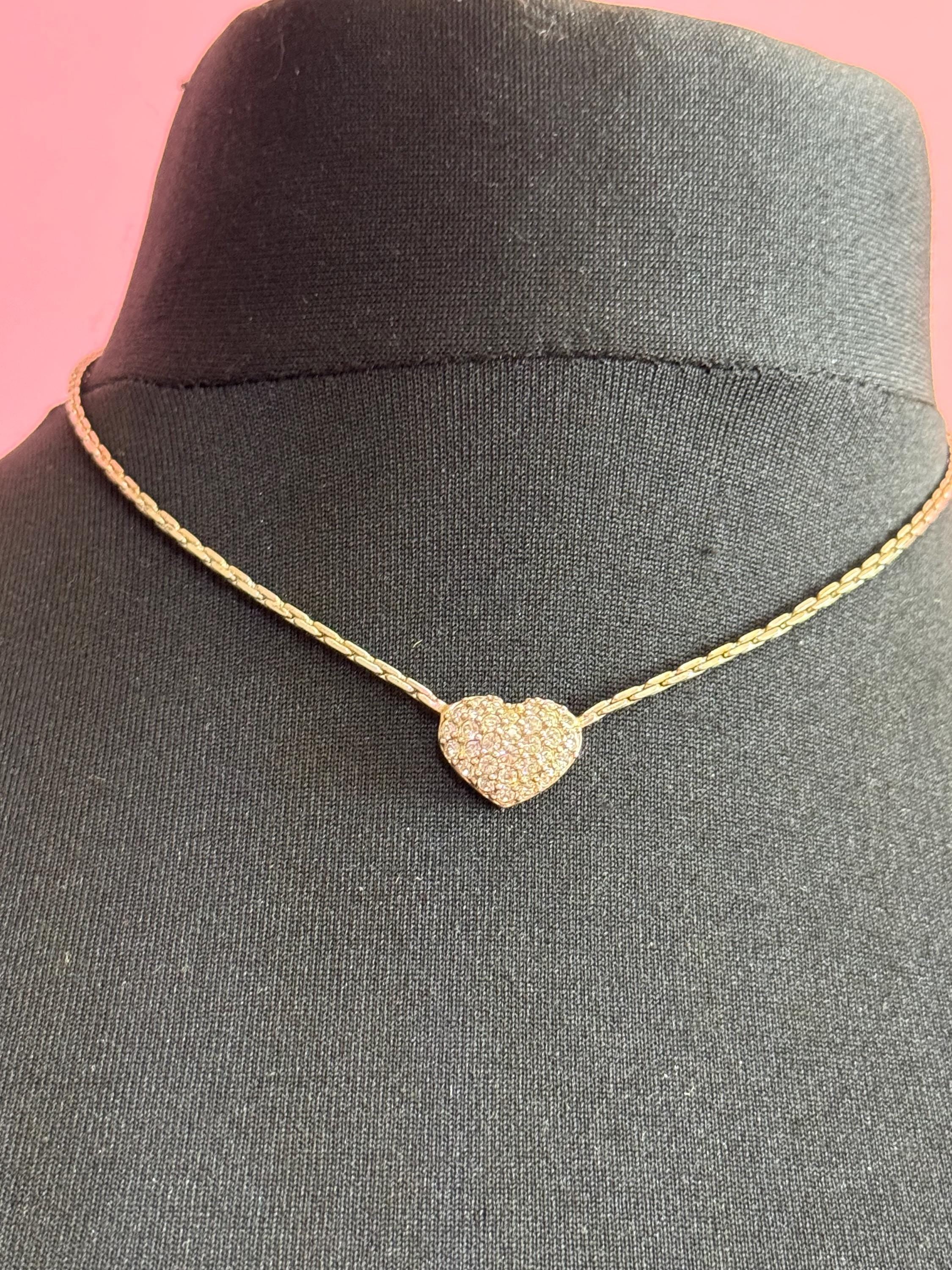 As found Signed Swarovski silver tone clear crystal diamanté heart drop necklace
