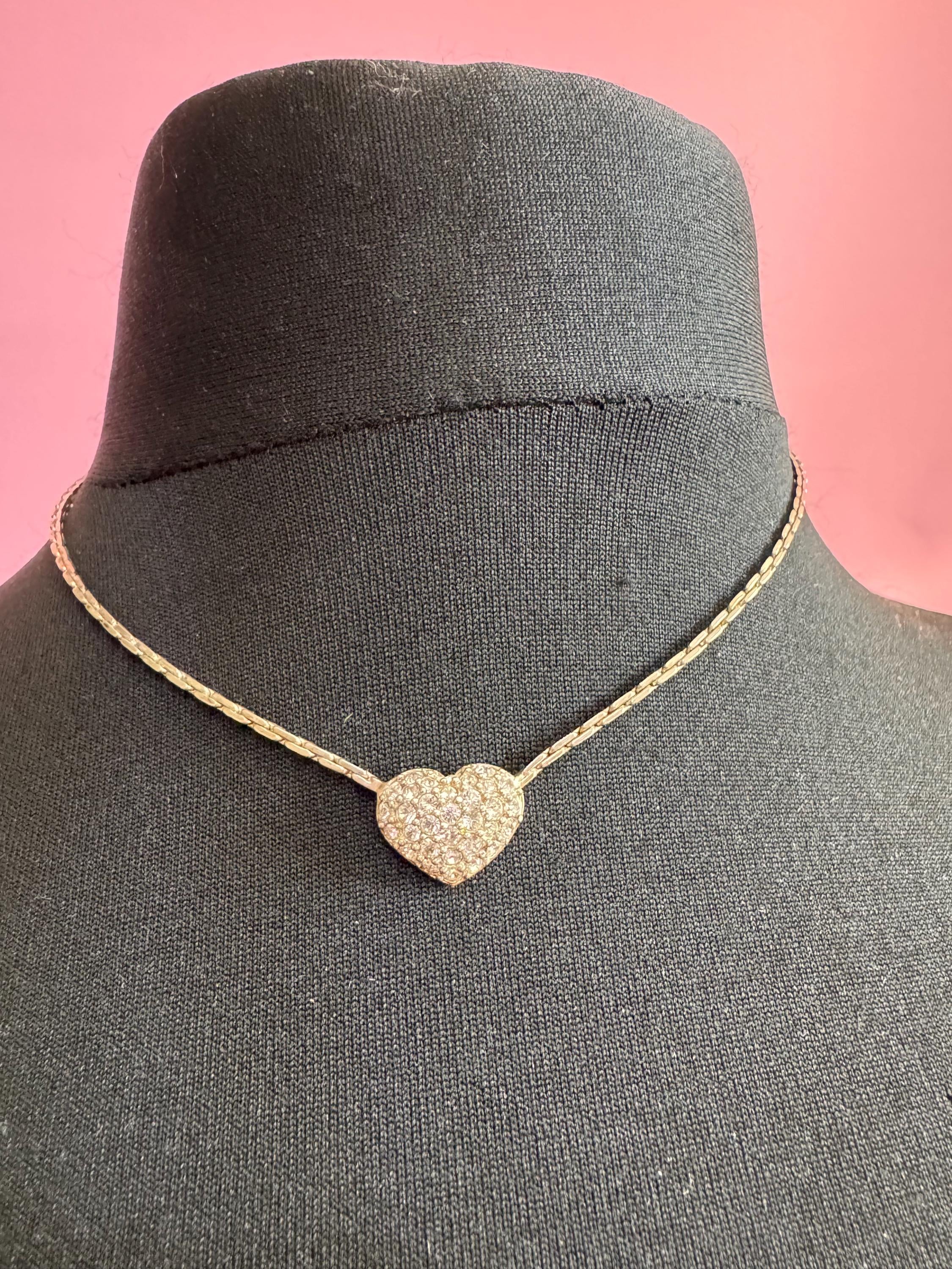 As found Signed Swarovski silver tone clear crystal diamanté heart drop necklace