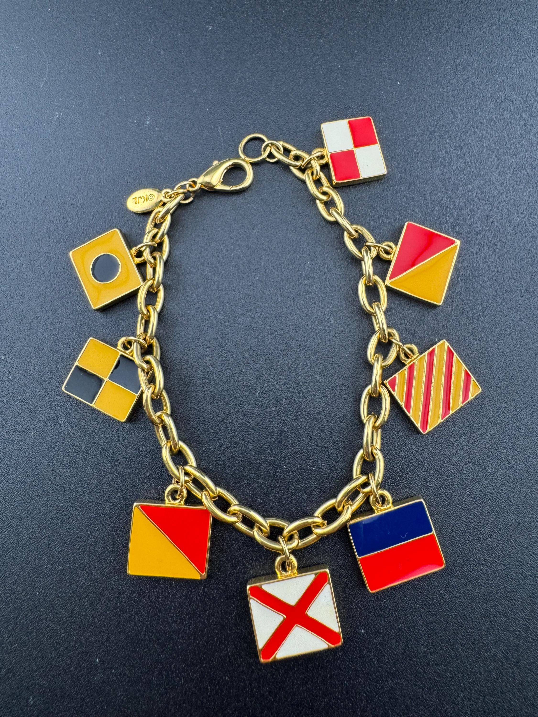 Vintage JBK Nautical Flag Charm Bracelet: Gold Tone Enamel