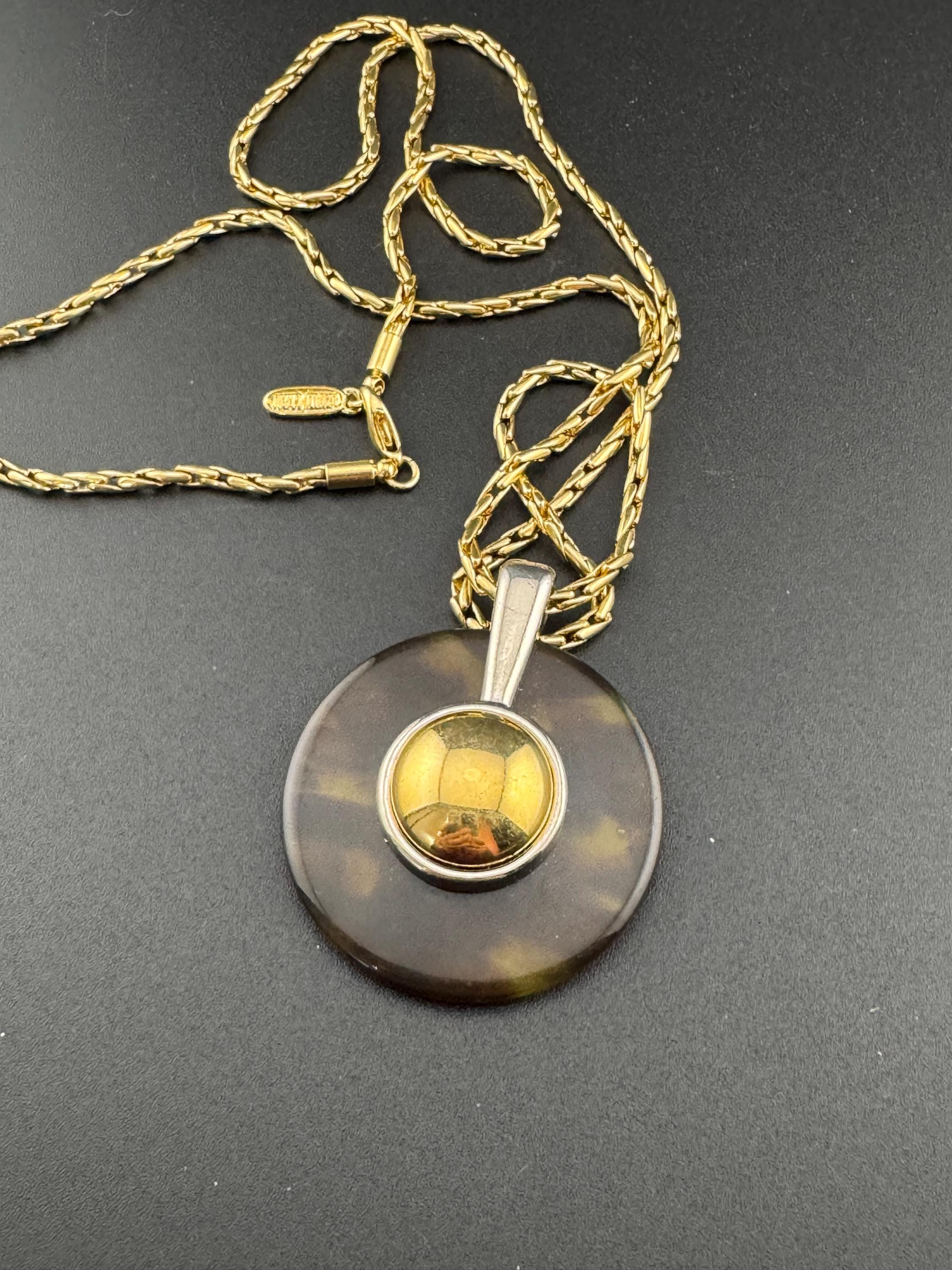 Signed David Grau Vintage Gold Plated Necklace: Faux Tortoiseshell Pendant, 80cm Chain
