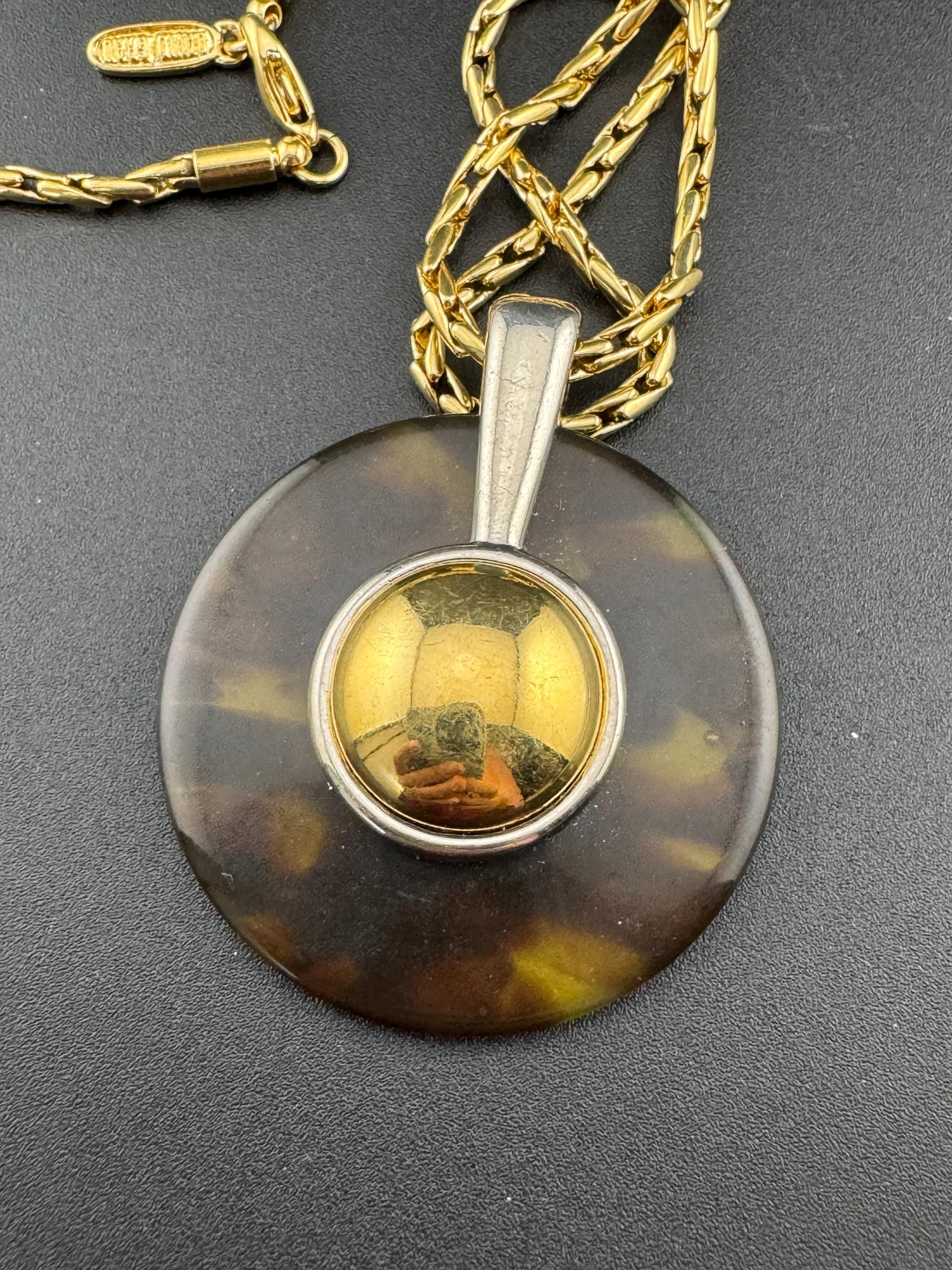 Signed David Grau Vintage Gold Plated Necklace: Faux Tortoiseshell Pendant, 80cm Chain