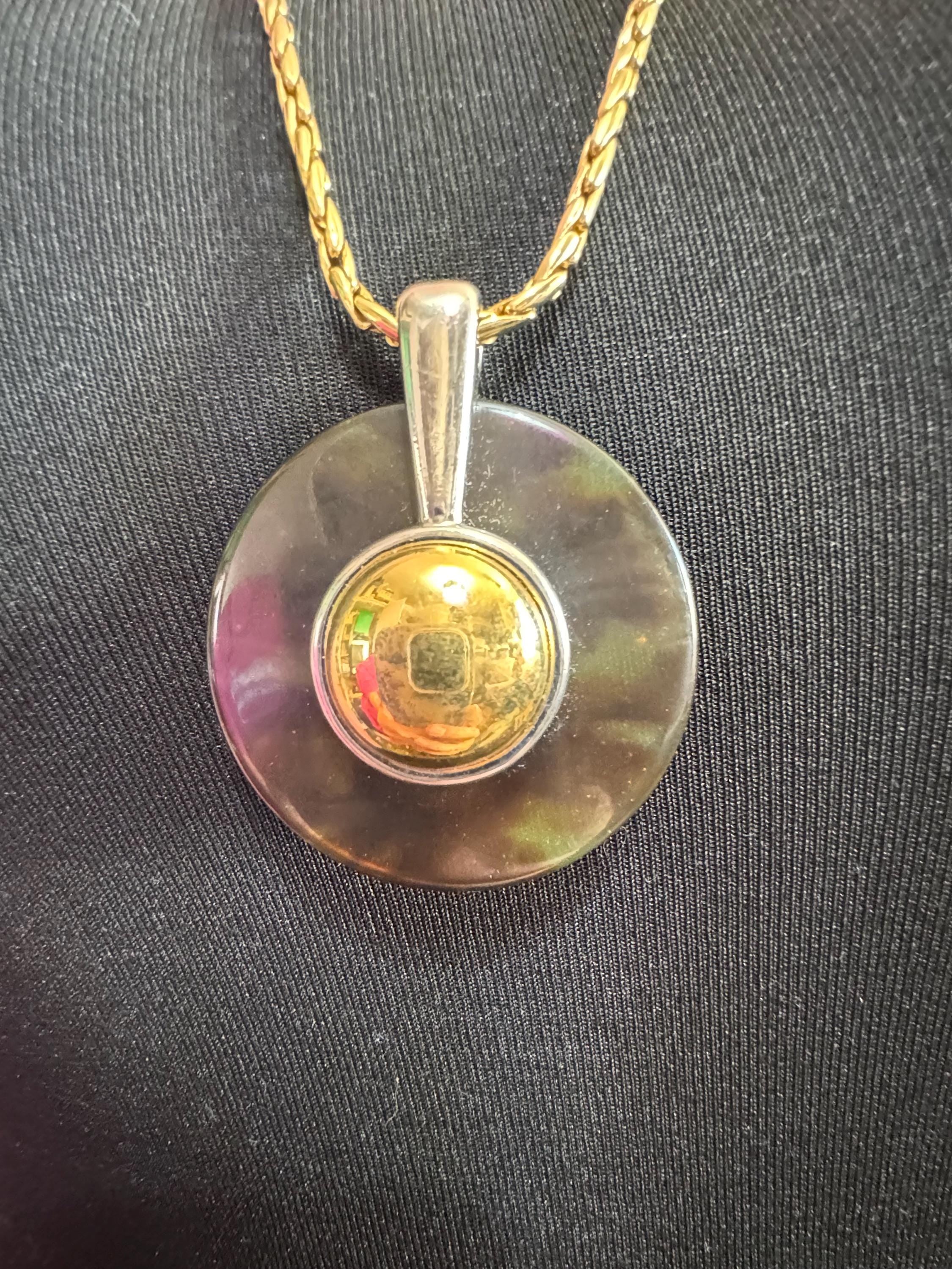 Signed David Grau Vintage Gold Plated Necklace: Faux Tortoiseshell Pendant, 80cm Chain