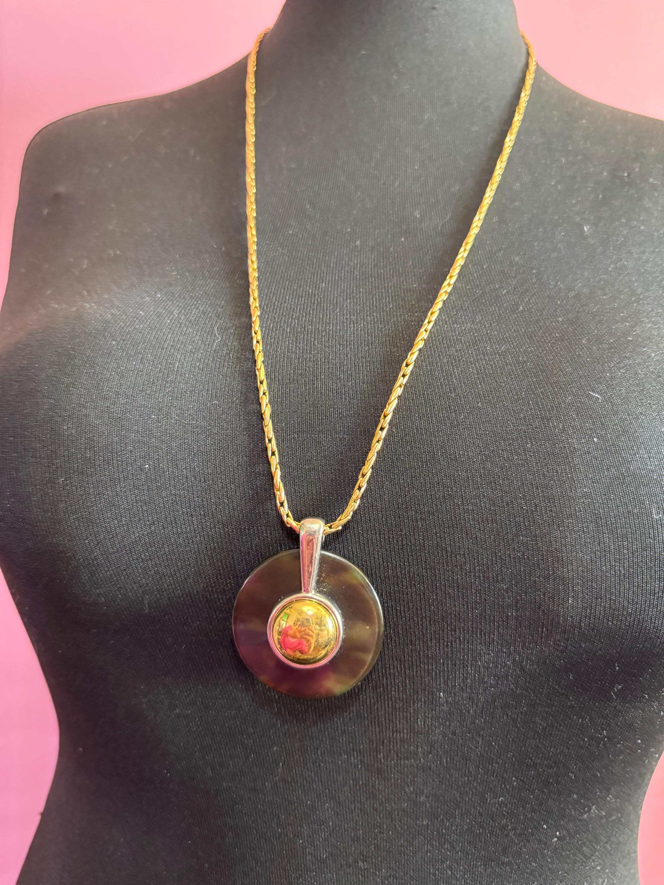 Signed David Grau Vintage Gold Plated Necklace: Faux Tortoiseshell Pendant, 80cm Chain