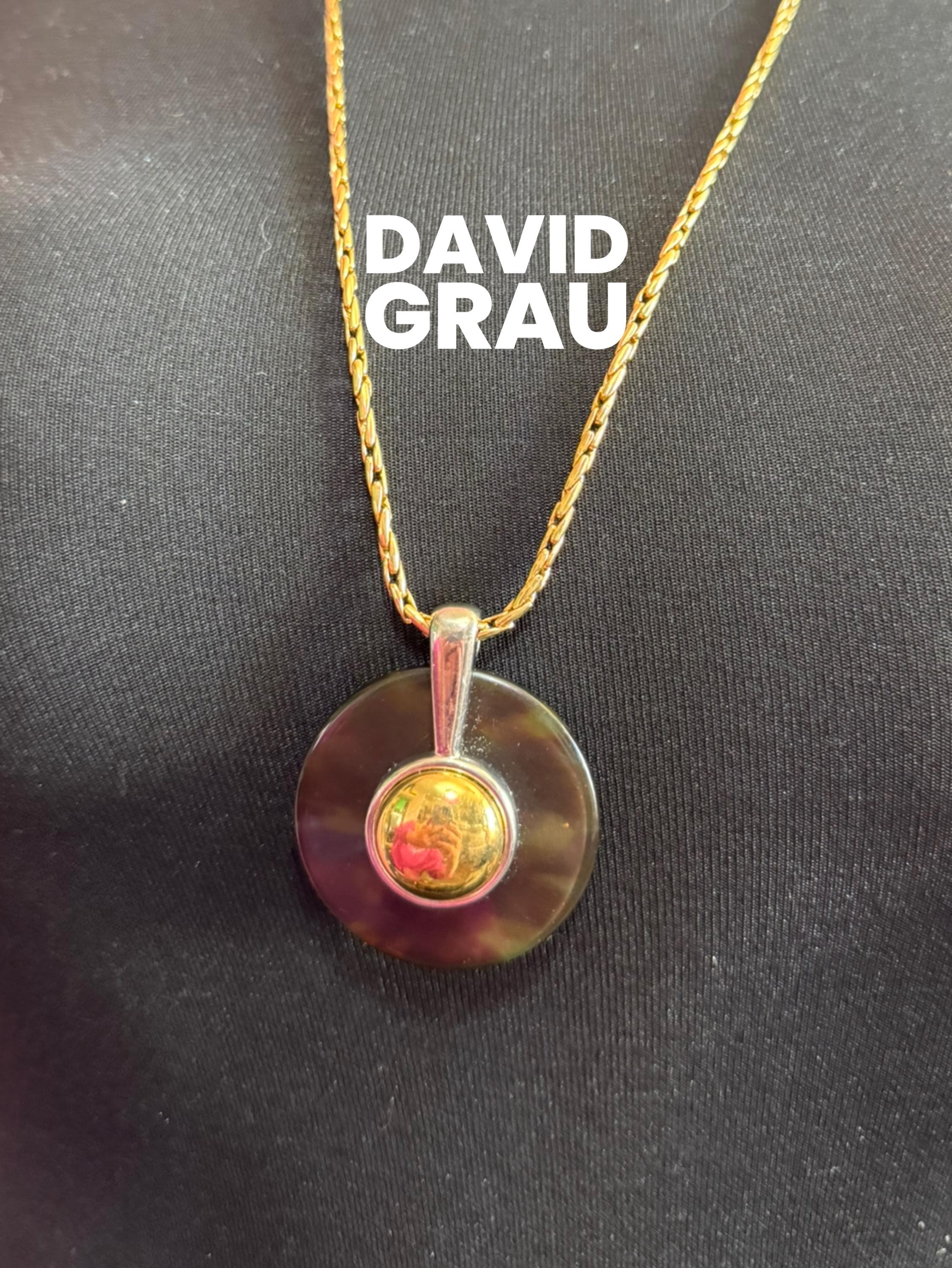Signed David Grau Vintage Gold Plated Necklace: Faux Tortoiseshell Pendant, 80cm Chain