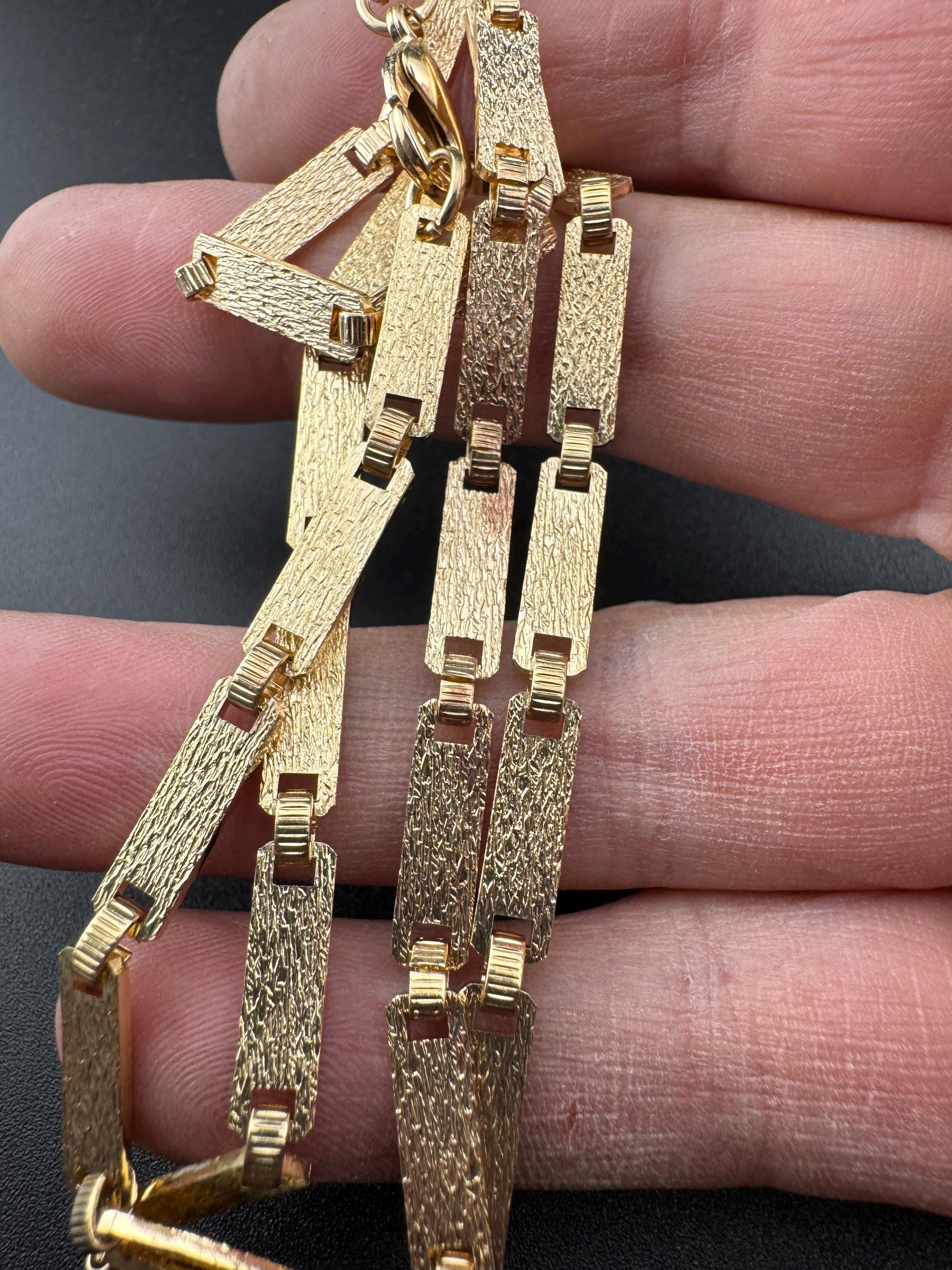 long 20.5” flat bar link chain necklace, 1980s Matt gold tone