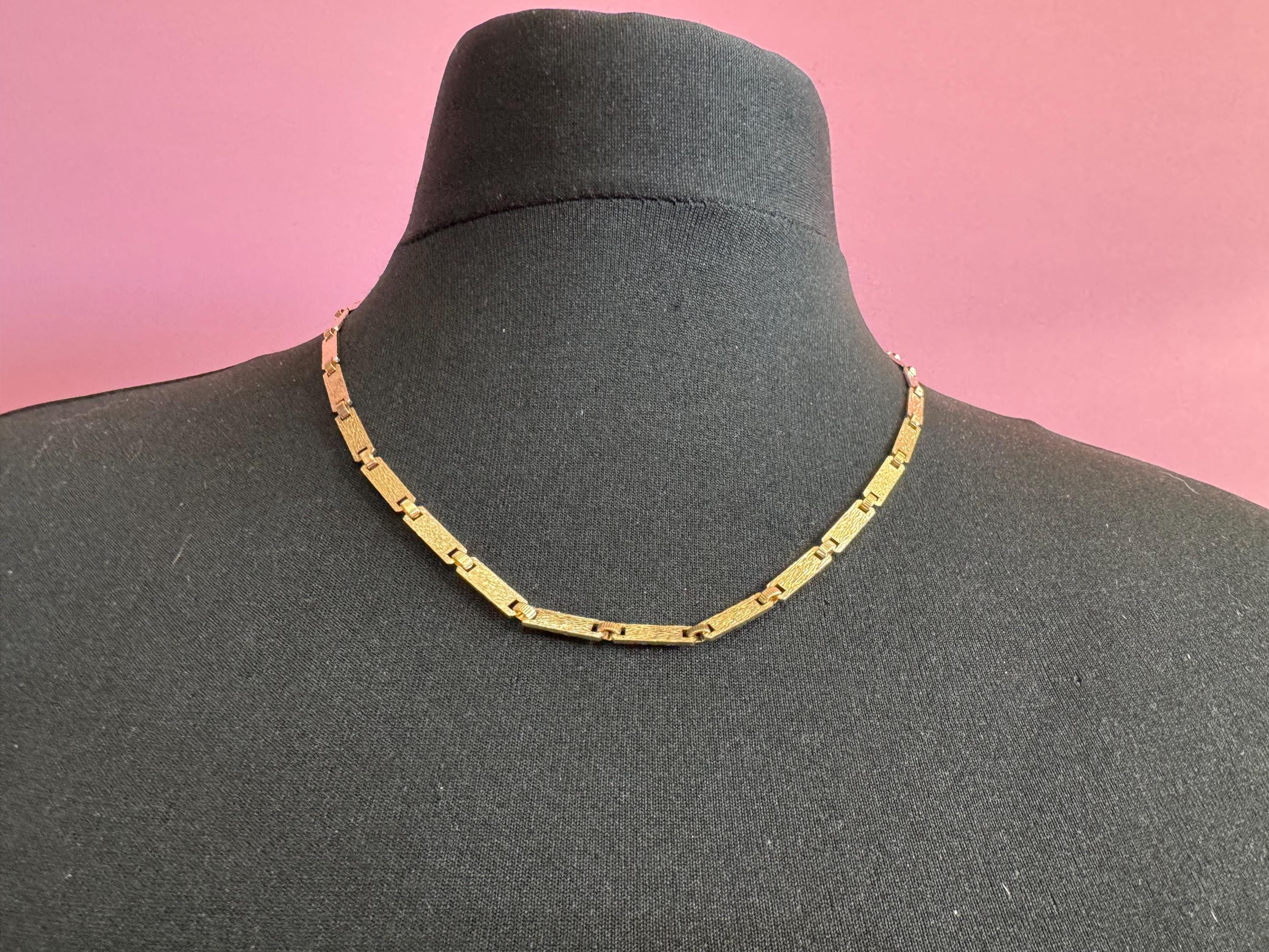 long 20.5” flat bar link chain necklace, 1980s Matt gold tone