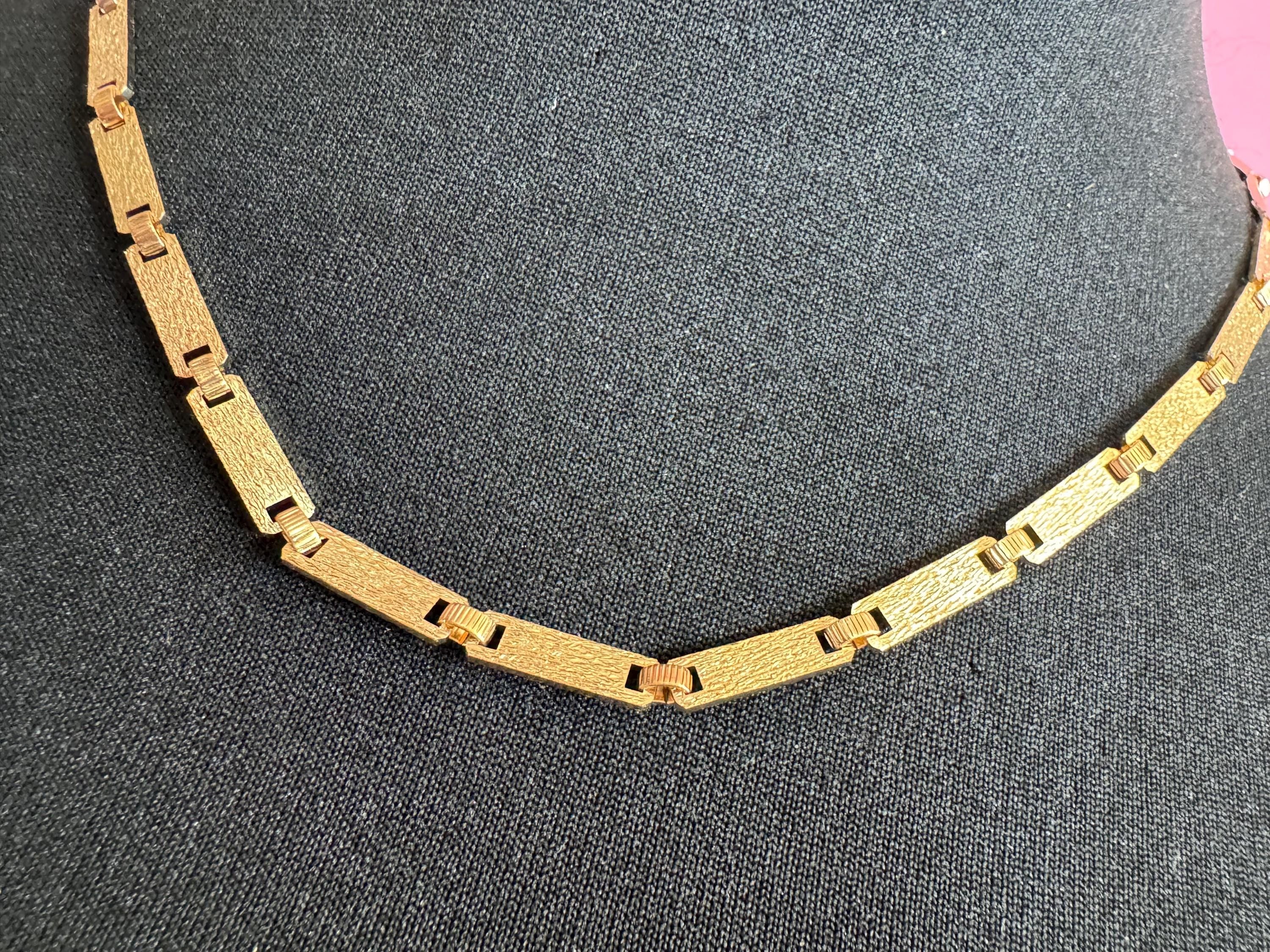 long 20.5” flat bar link chain necklace, 1980s Matt gold tone