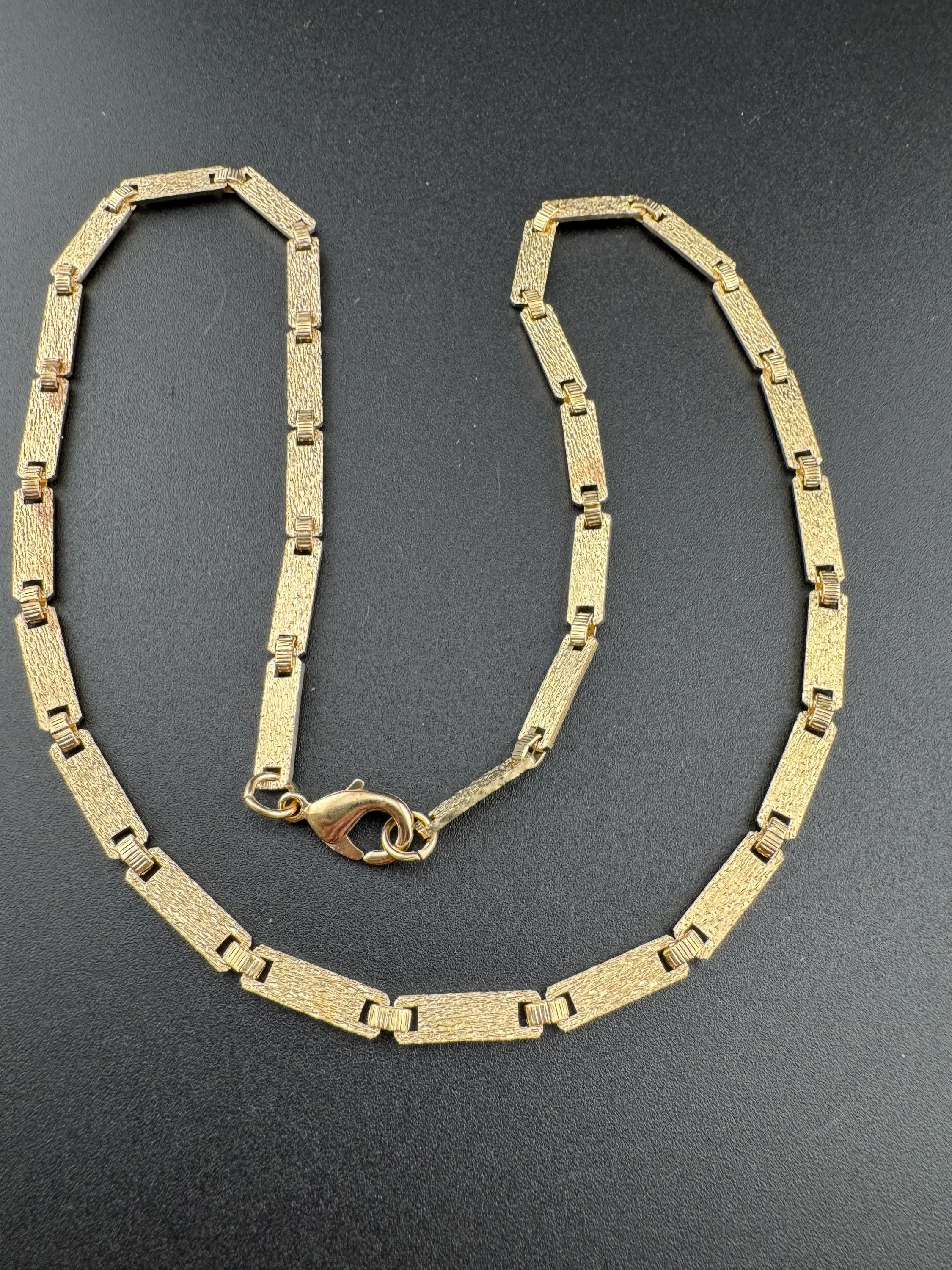long 20.5” flat bar link chain necklace, 1980s Matt gold tone