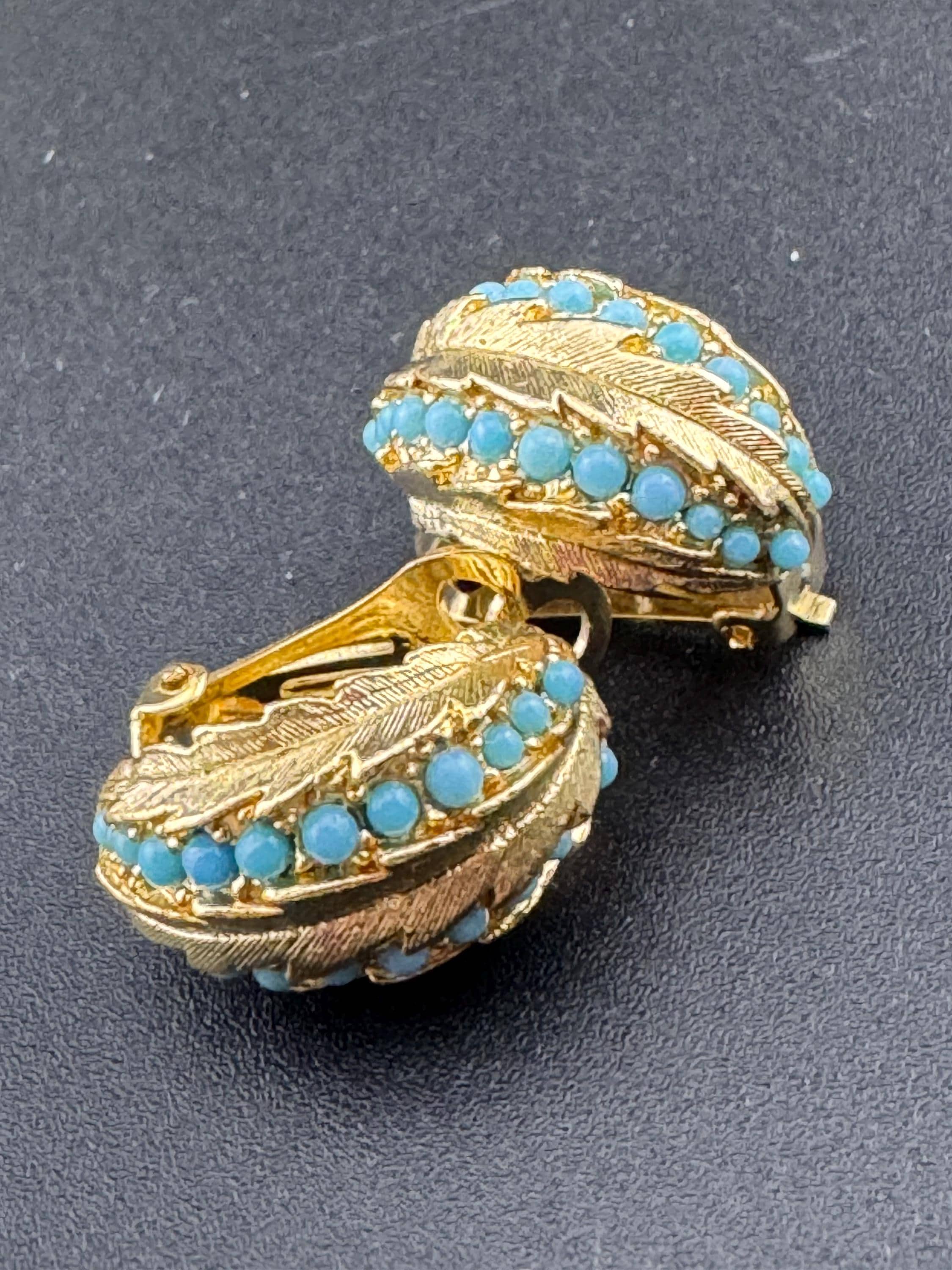 1960s Turquoise gold leaf clip on earrings vintage