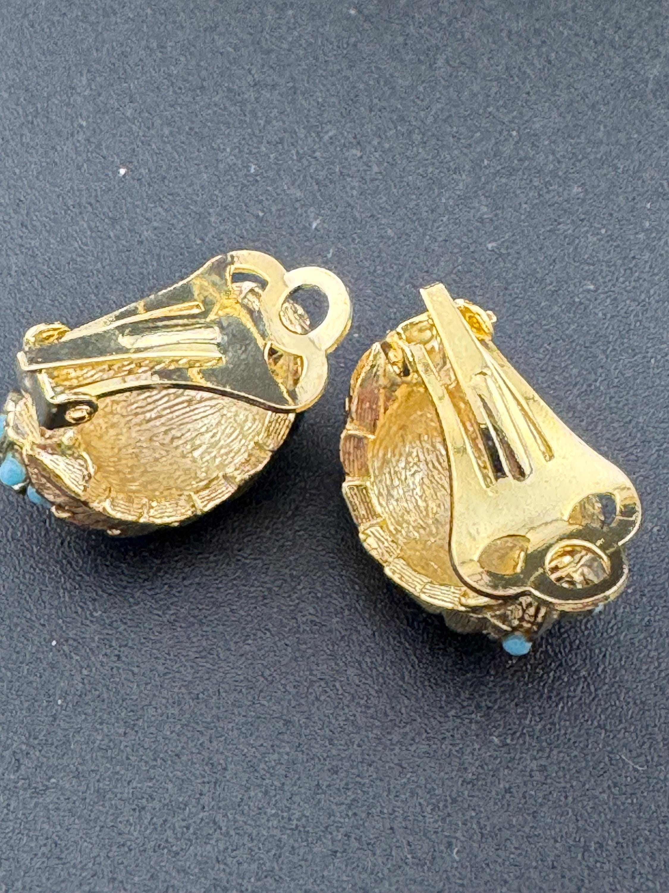 1960s Turquoise gold leaf clip on earrings vintage