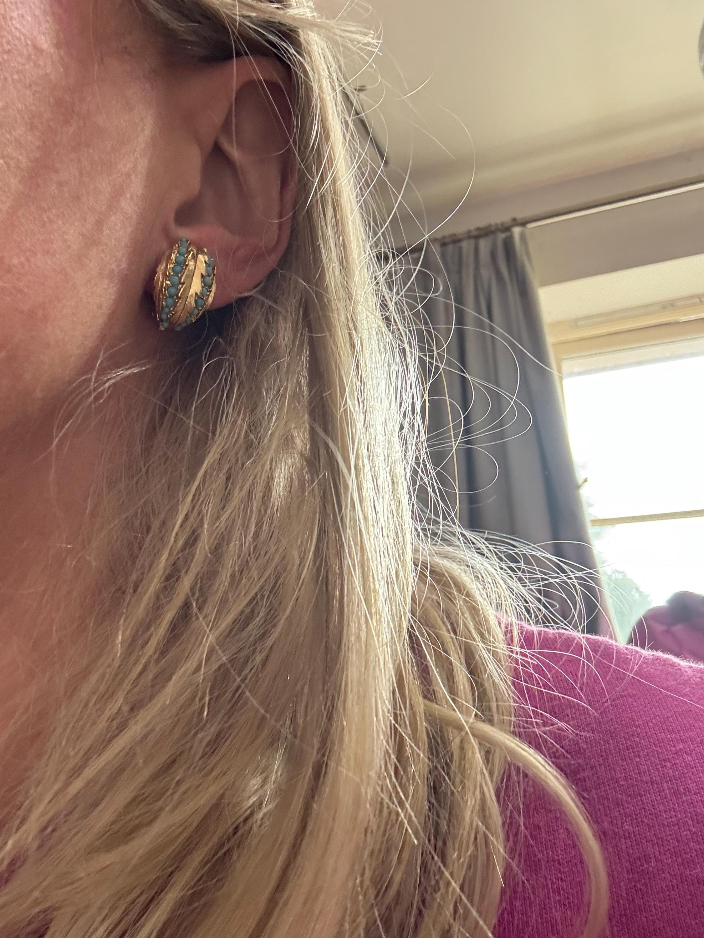 1960s Turquoise gold leaf clip on earrings vintage