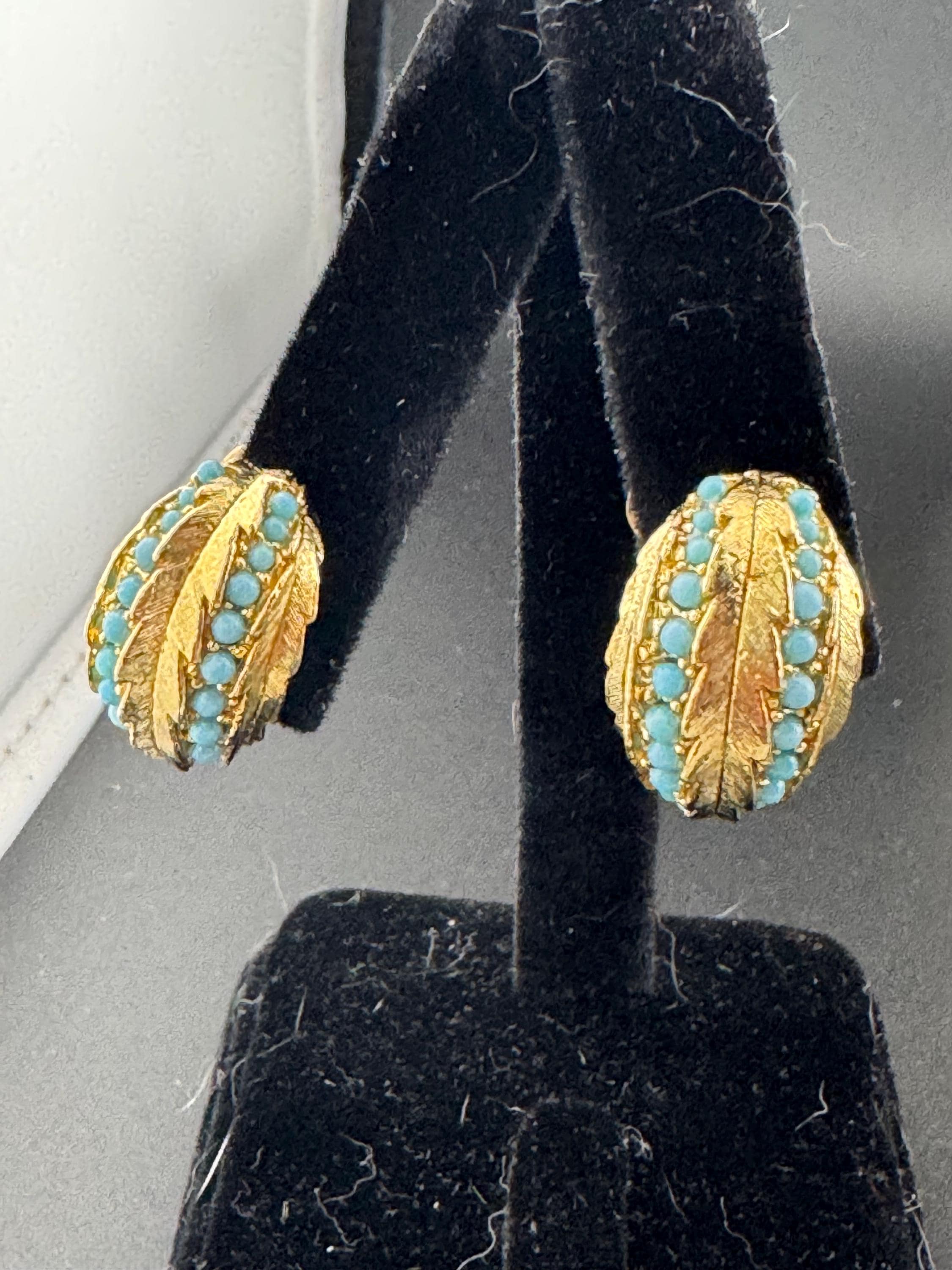 1960s Turquoise gold leaf clip on earrings vintage
