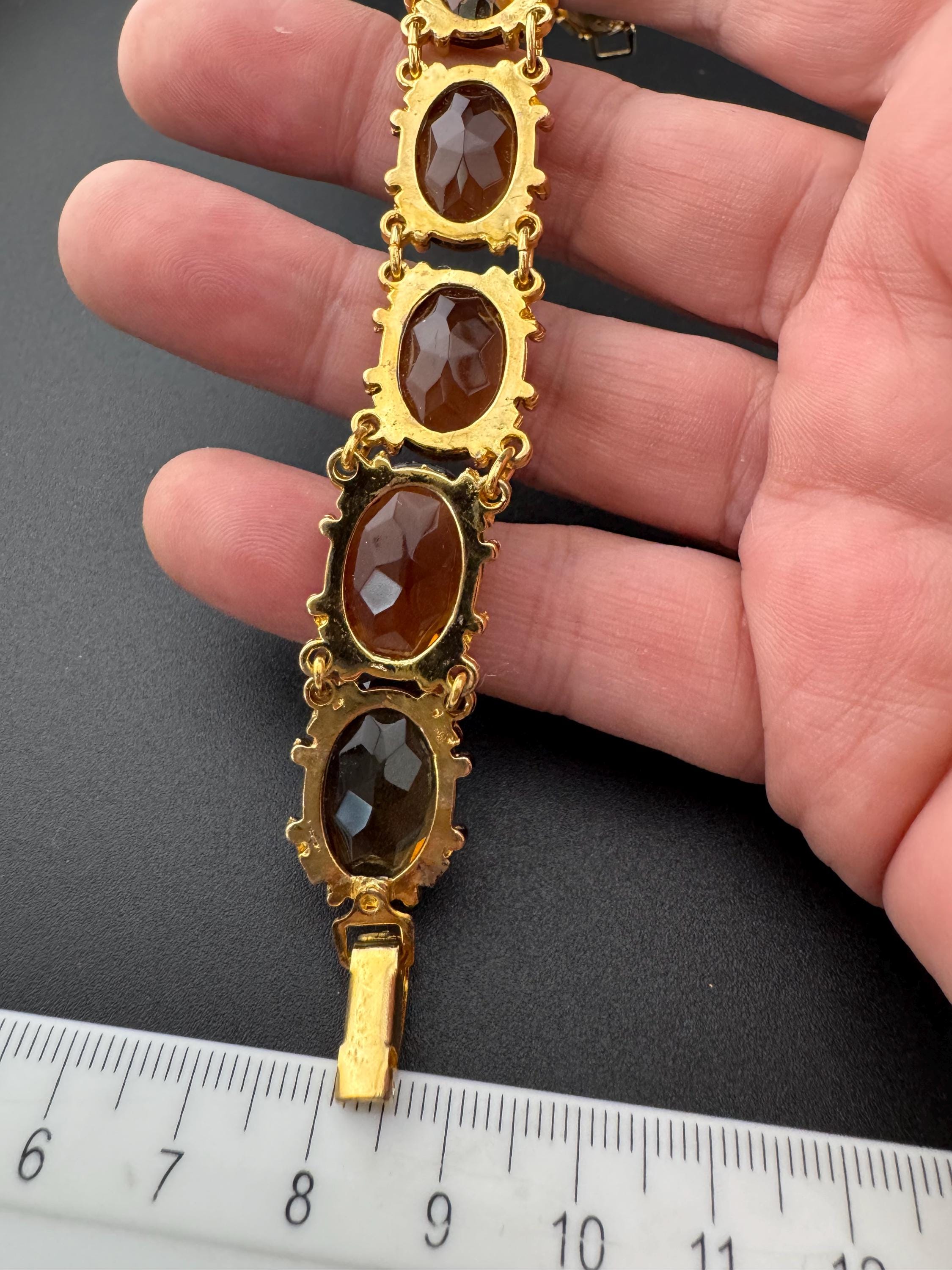 vintage topaz brown cognac Glass Gold Tone cocktail bracelet, vintage old shop stock