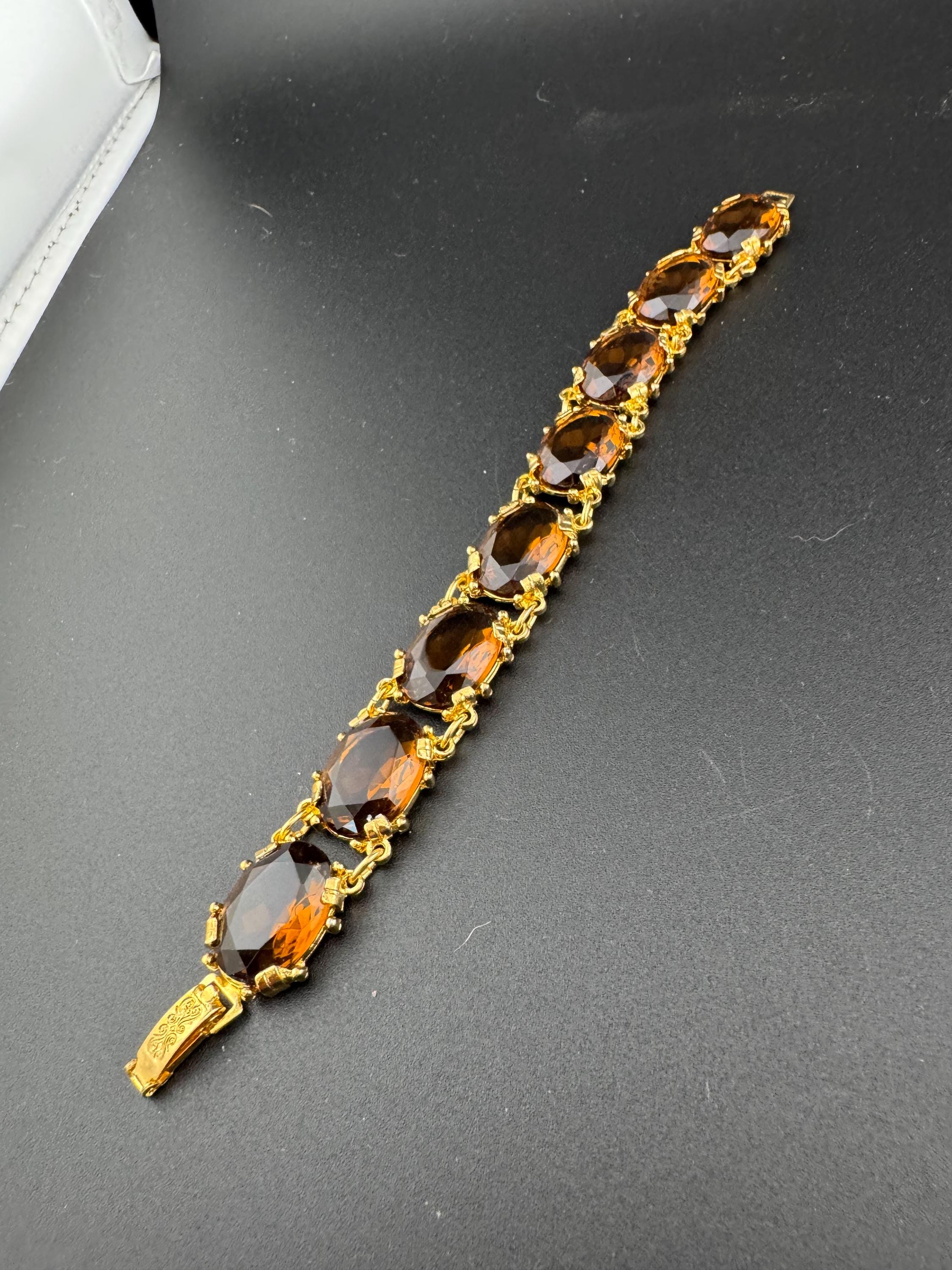 vintage topaz brown cognac Glass Gold Tone cocktail bracelet, vintage old shop stock