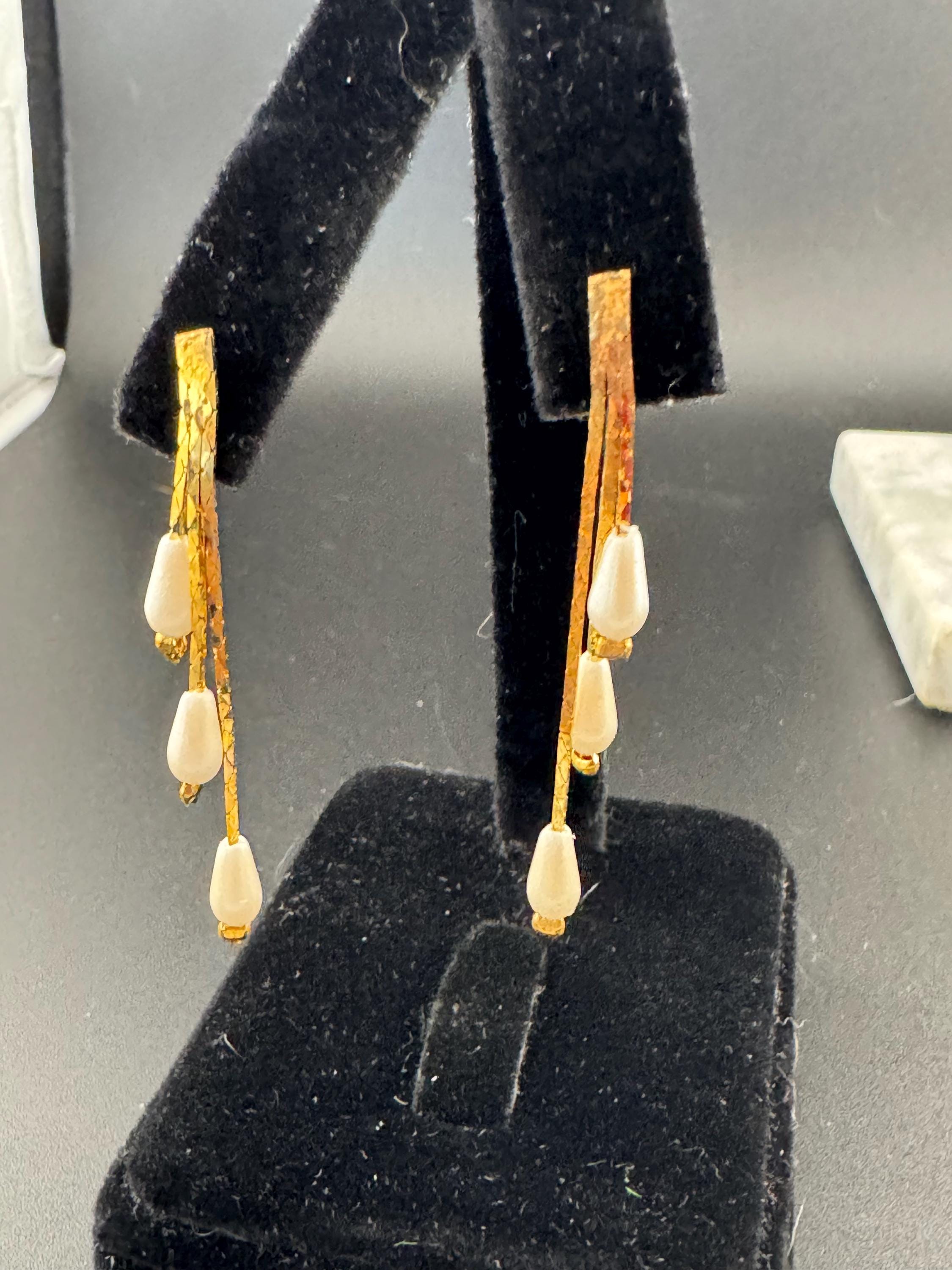 Vintage Pearl chain drop Earrings: 1970s, Gold Plated