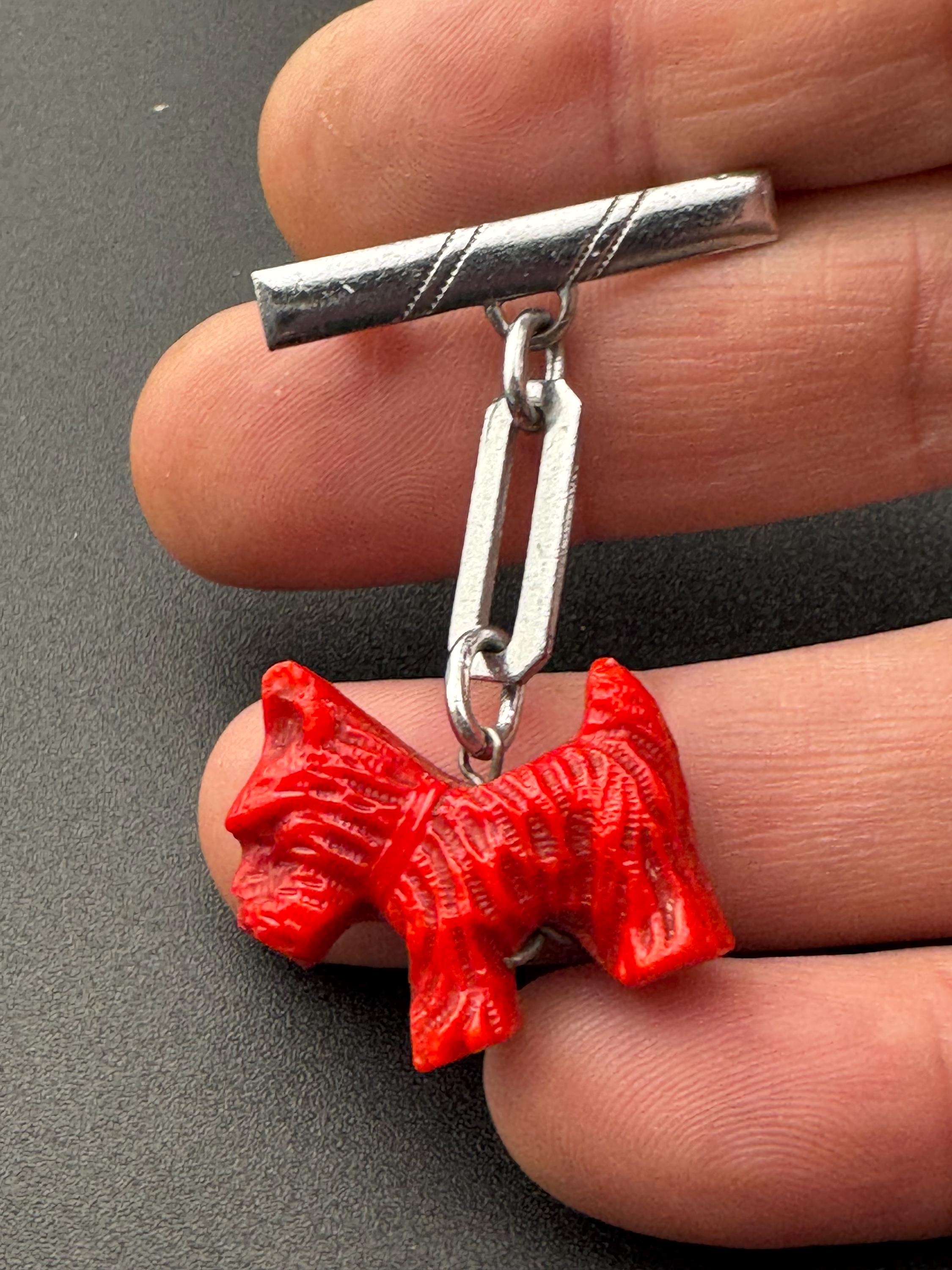 Early Plastic Art Deco red Scottie dog terrier Pendant chrome bar brooch Vintage celluloid