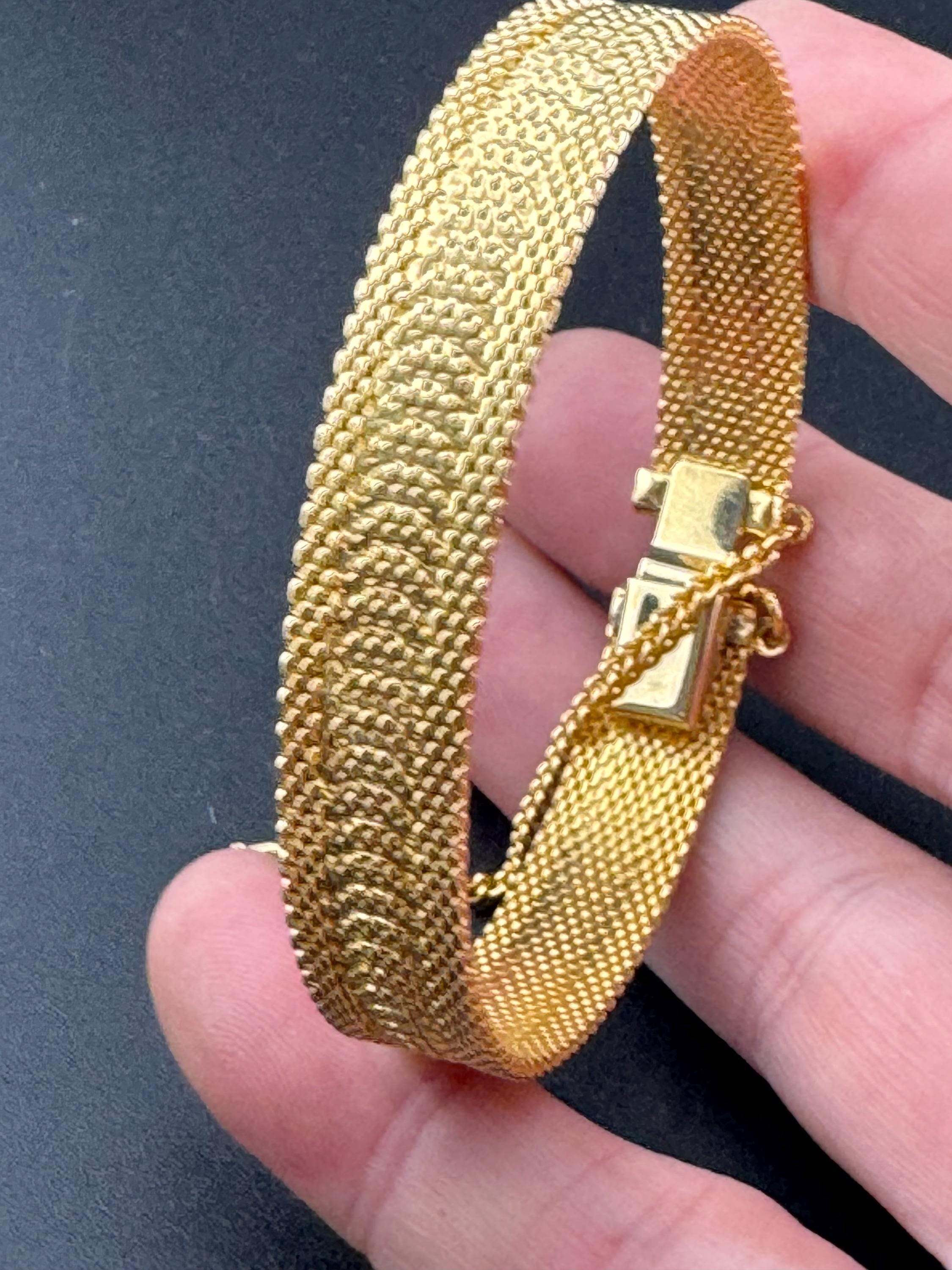 True Vintage pristine gold plated wide mesh flat link bangle bracelet 19 x 12mm old shop stock