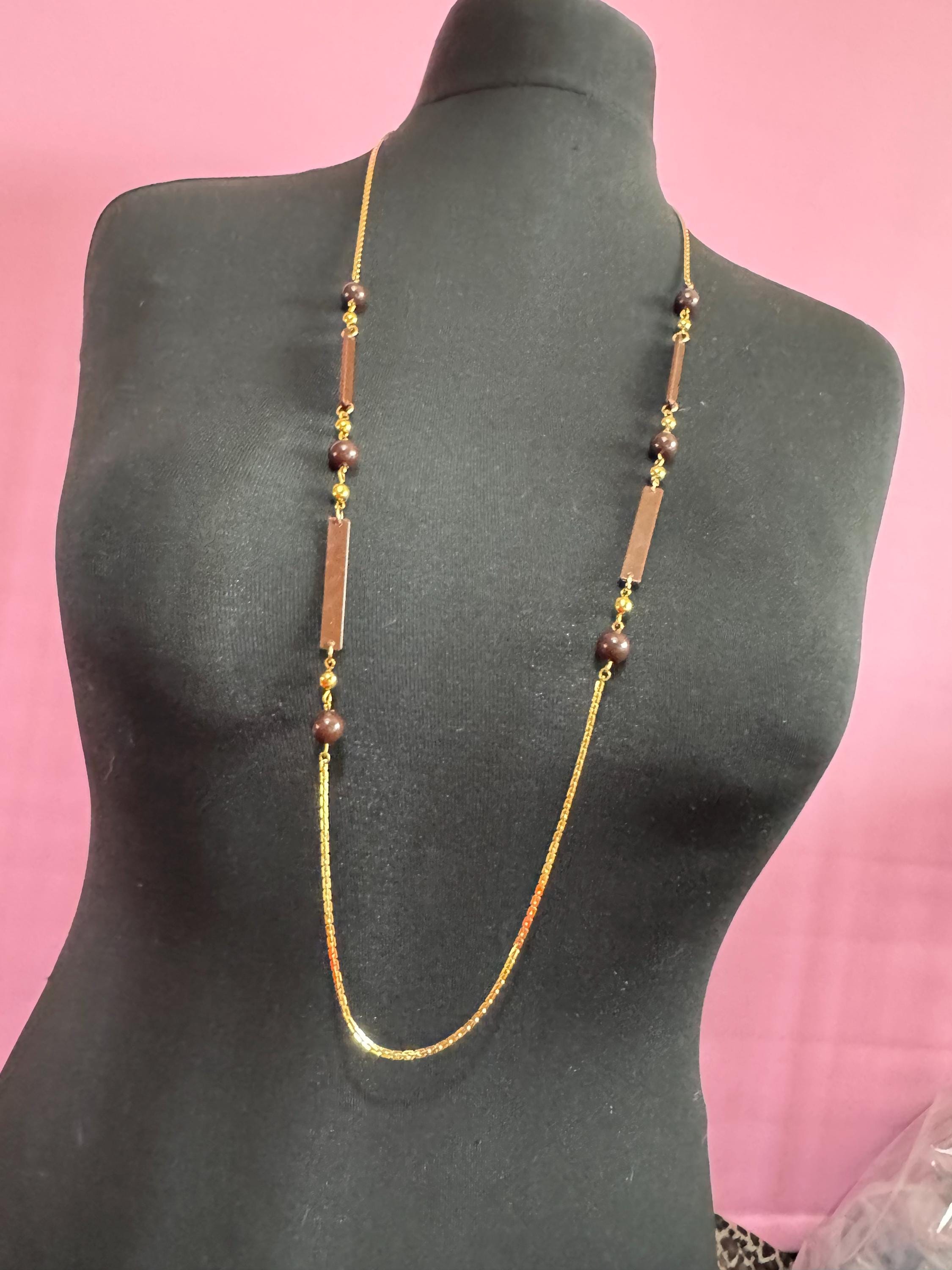 True vintage 105cm long 1980s gold plated chain link brown round and bar beaded station necklace old shop stock