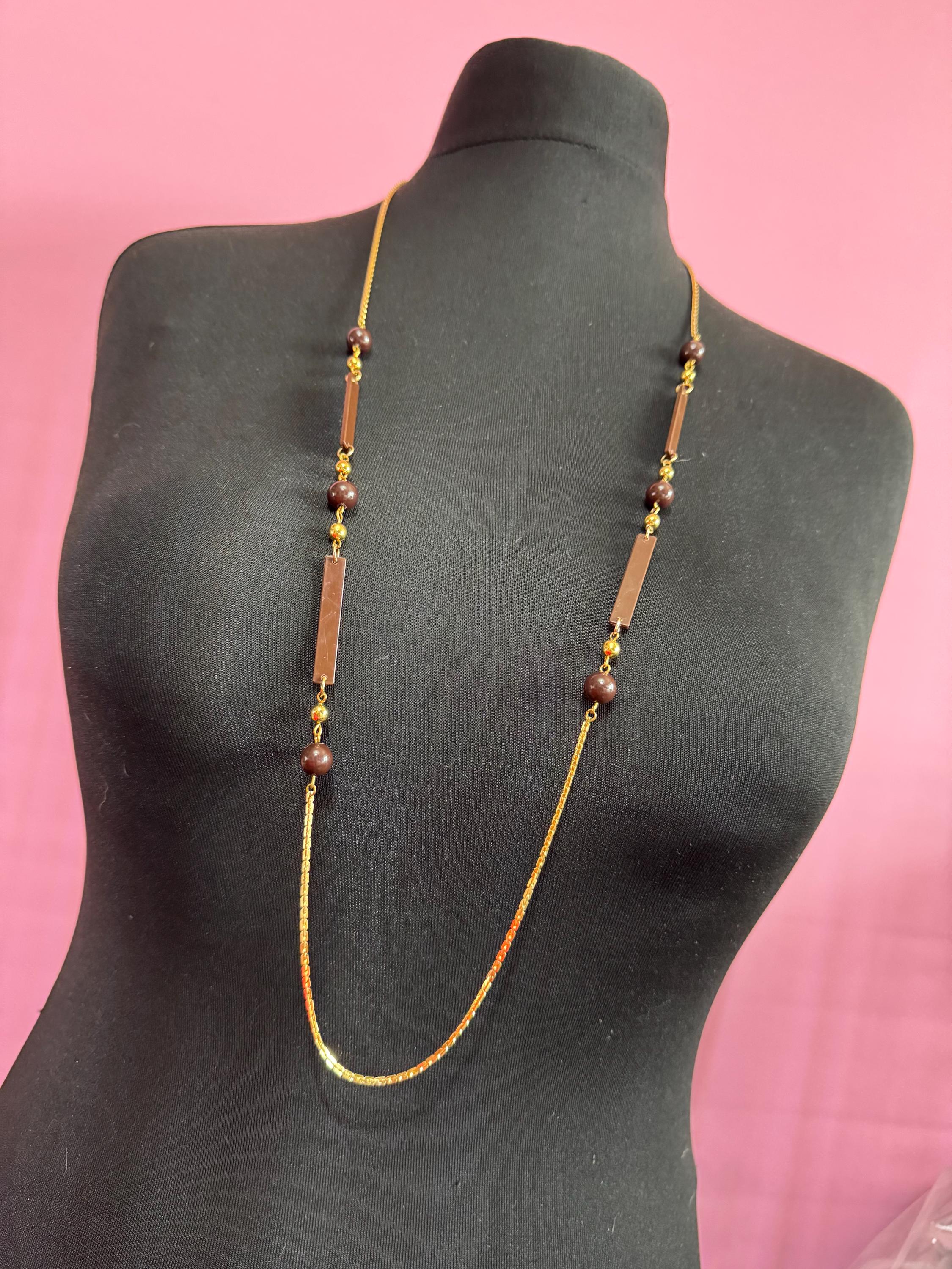 True vintage 105cm long 1980s gold plated chain link brown round and bar beaded station necklace old shop stock