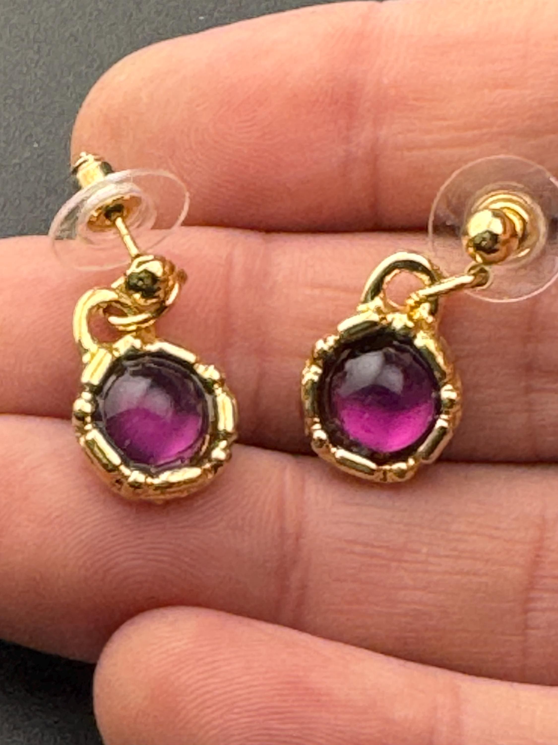 Vintage purple cabochon drop earrings, dainty