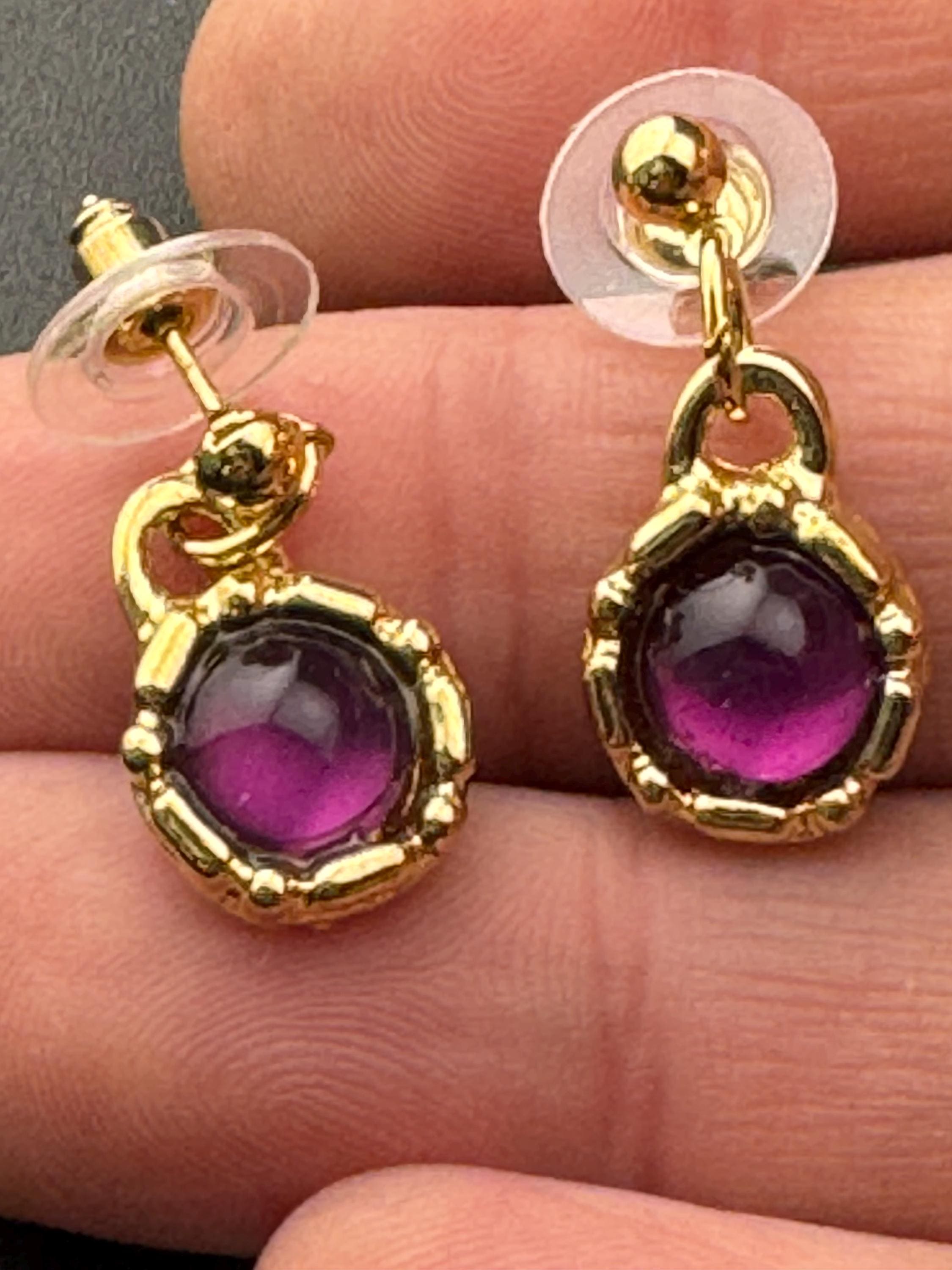 Vintage purple cabochon drop earrings, dainty