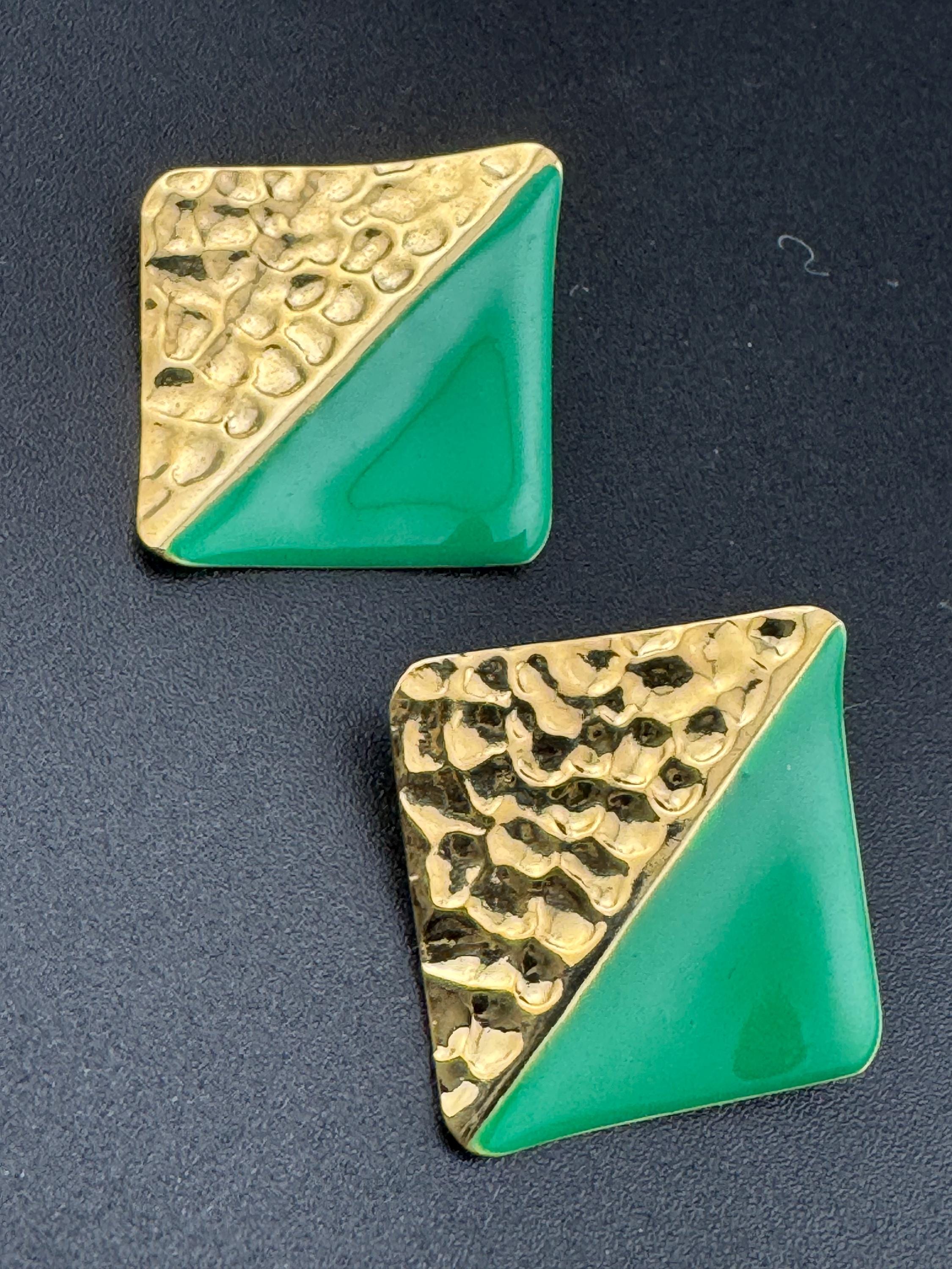 Vintage 80s Enamel Stud Earrings: Two-Tone Gold & Green