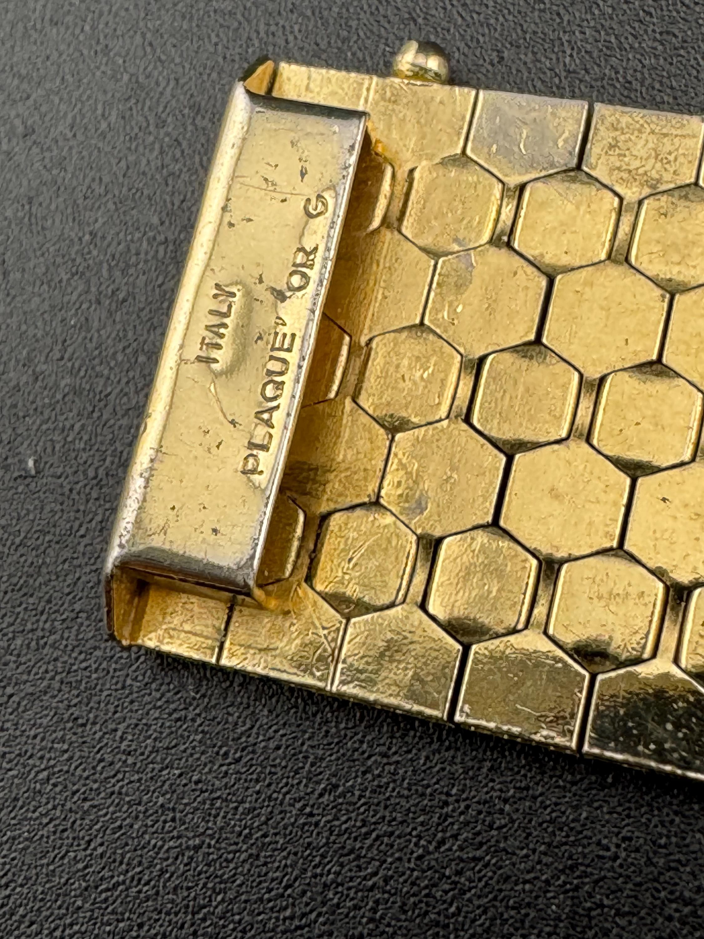 1970s articulated flat stamped Italy plaque gold plated cuff wrap bracelet 18cm long x 2cm Italian very good condition