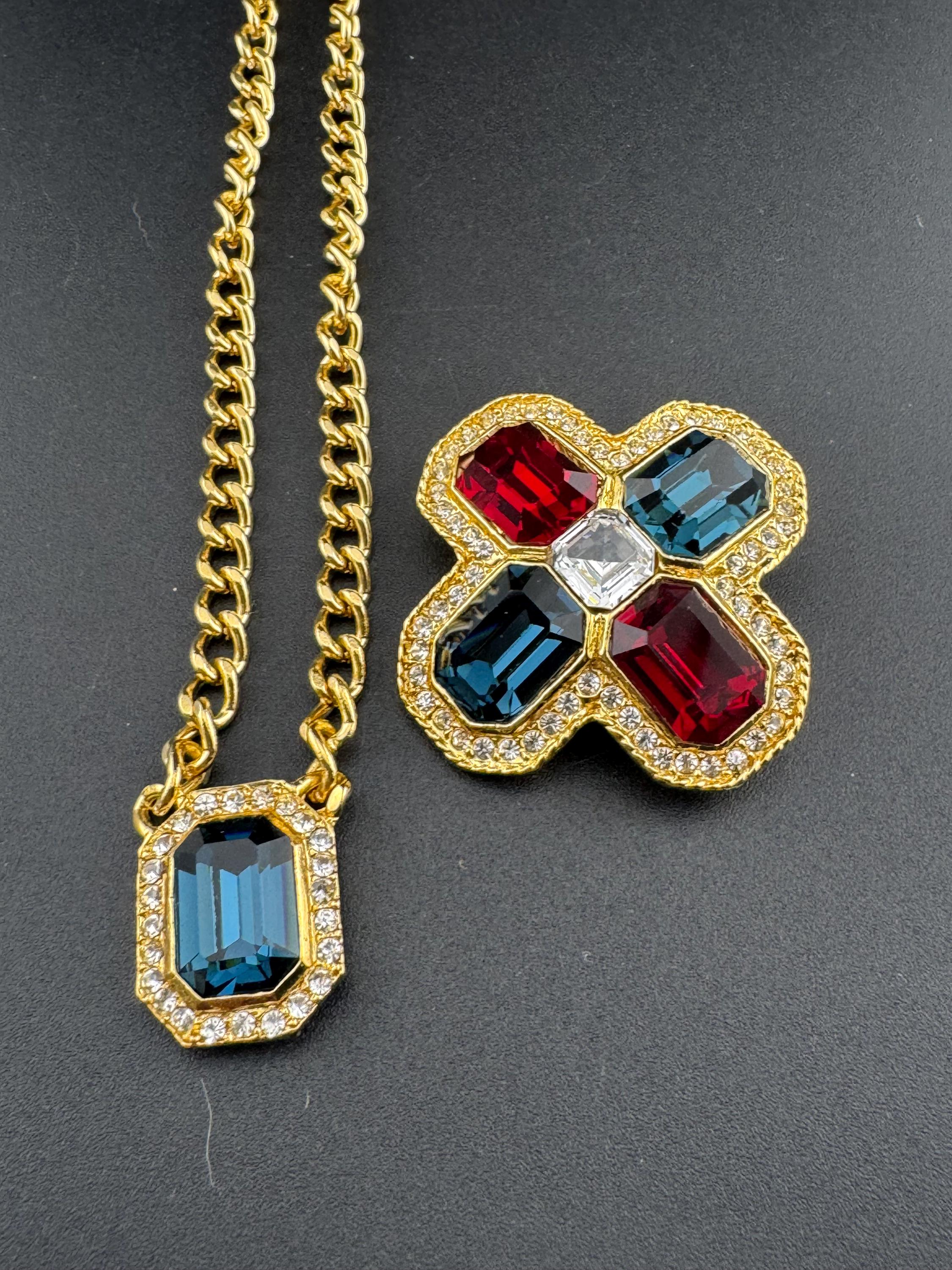 Vintage 1980s Swarovski Crystal Necklace & Cross Brooch Set