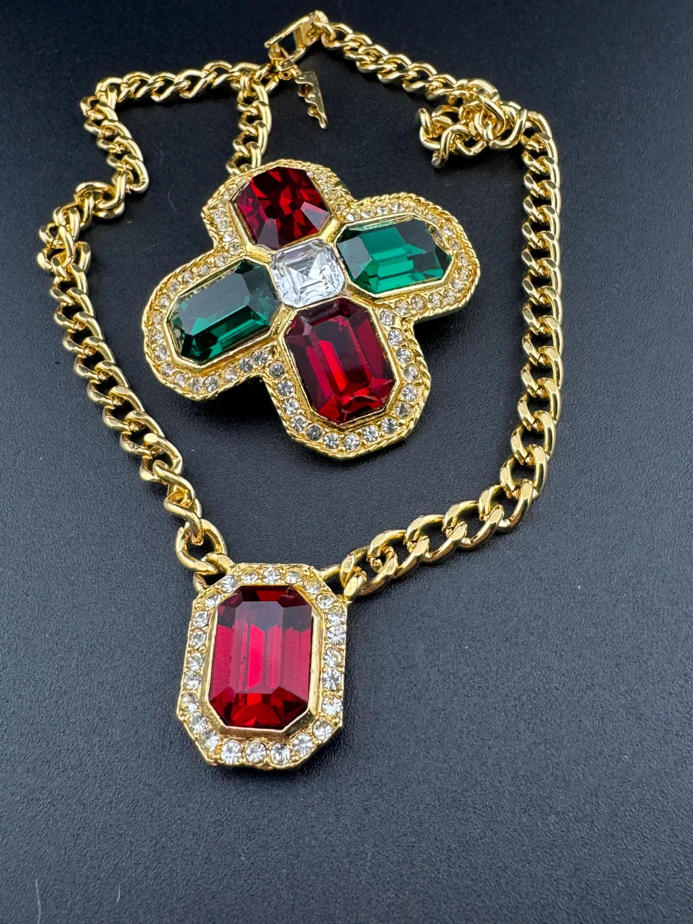 Vintage 1980s Swarovski Crystal Necklace & Brooch Set: Ruby Red Diamanté