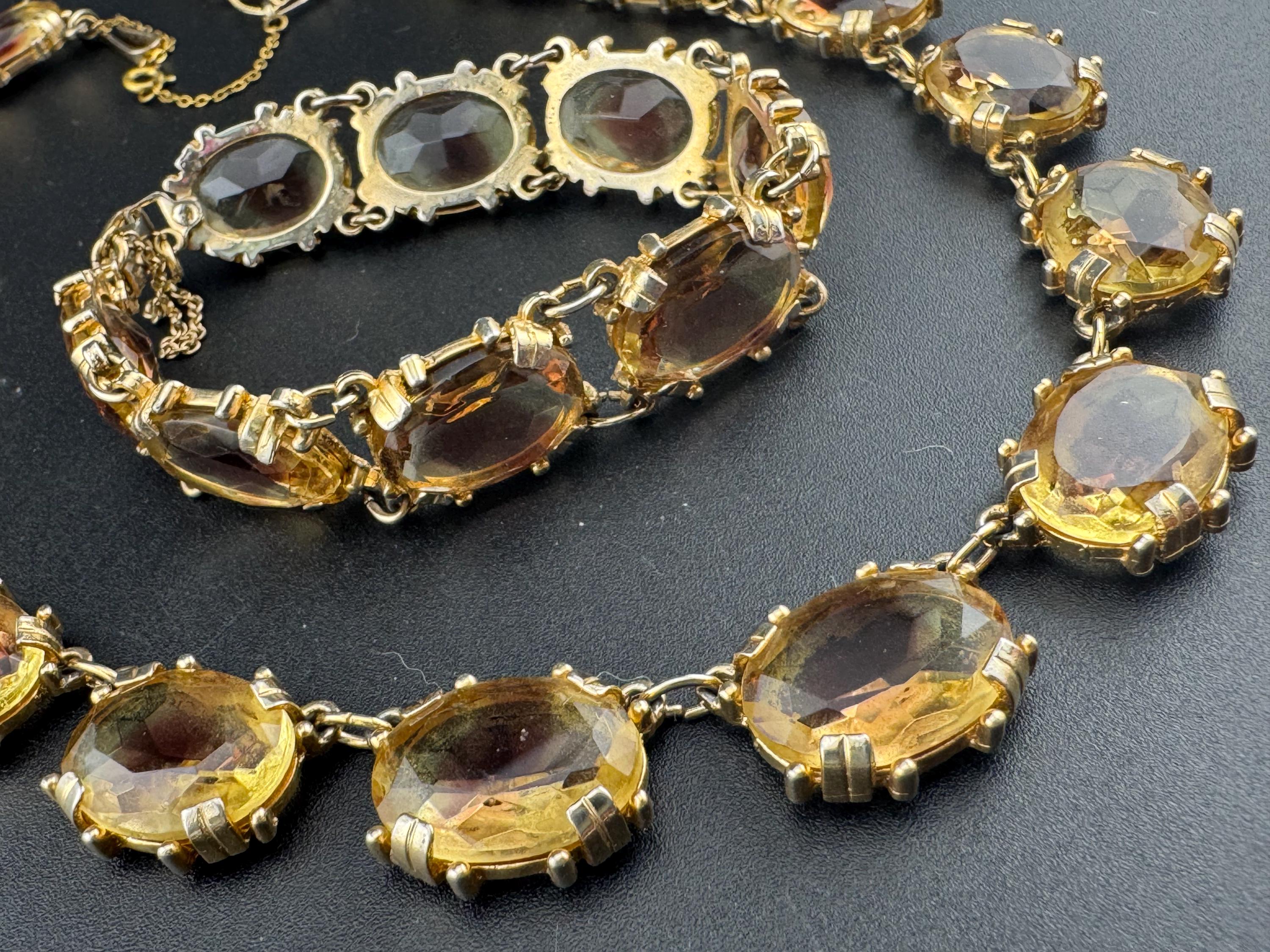 Vintage soft light brown cognac Glass gold tone oval cabochon collar Necklace and matching bracelet 1960s modernist jewellery set