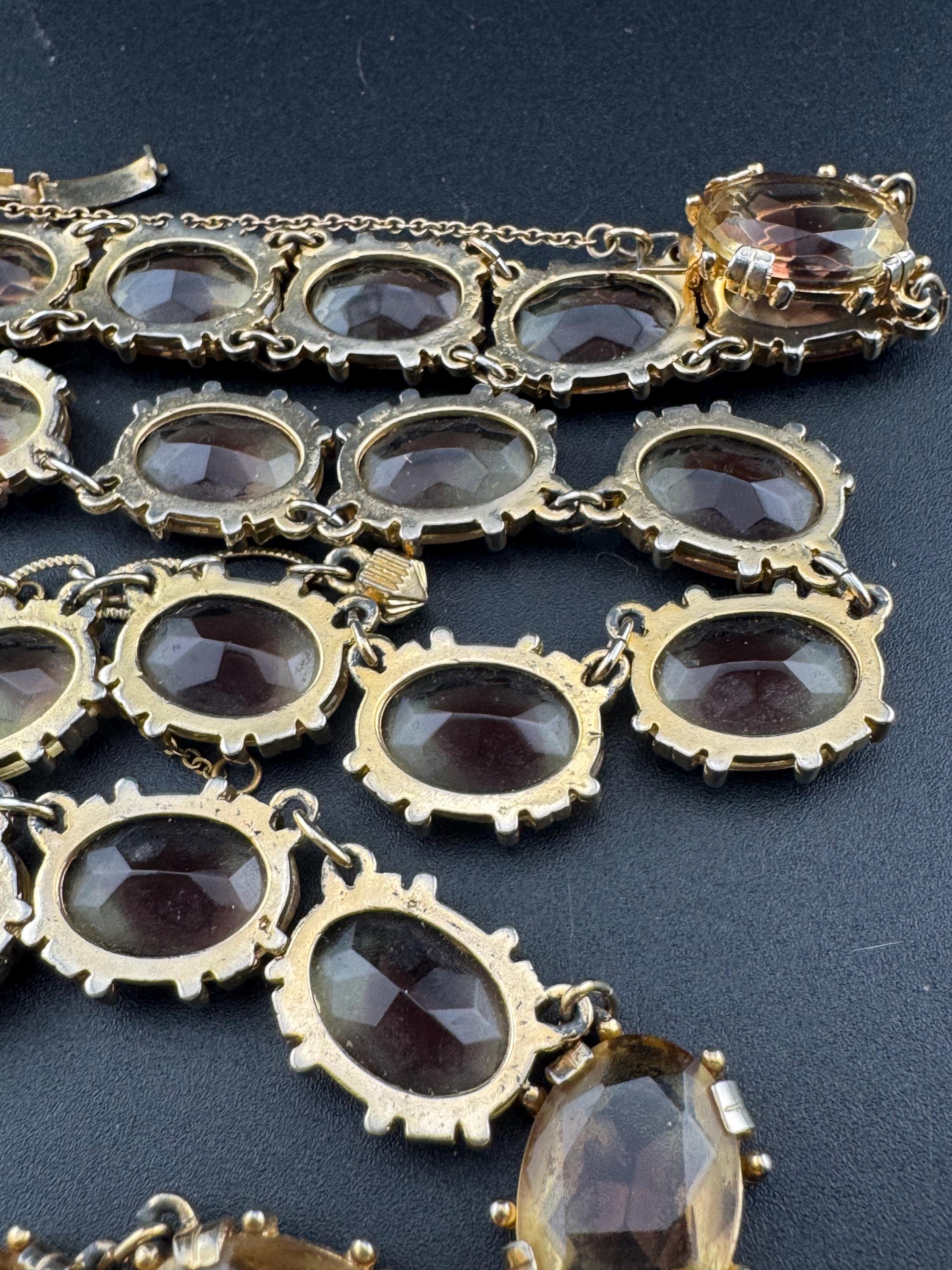 Vintage soft light brown cognac Glass gold tone oval cabochon collar Necklace and matching bracelet 1960s modernist jewellery set