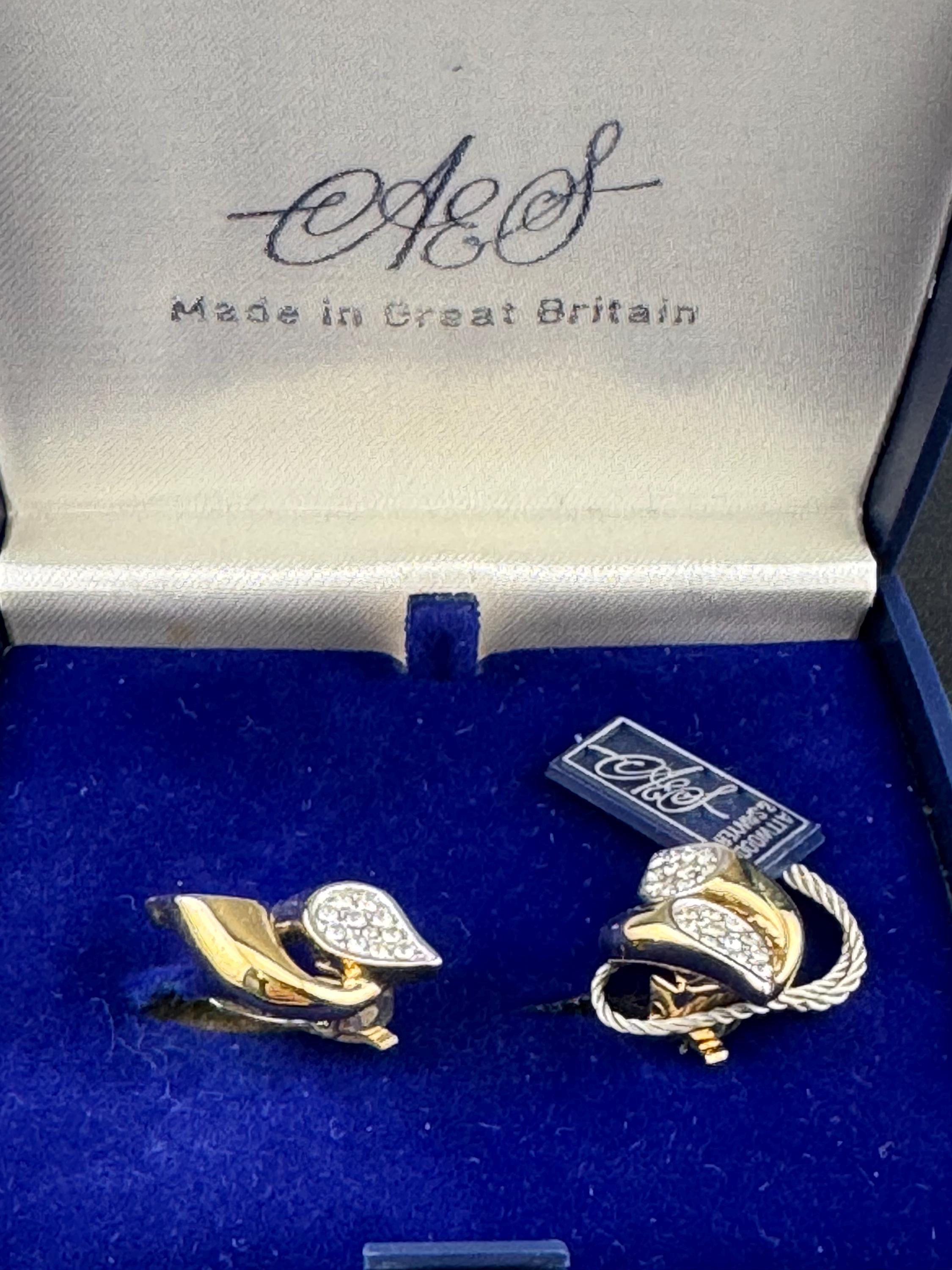 22ct GP Vintage Signed A&S Attwood and Sawyer Vintage gold tone diamanté clip on earrings rhodium coated