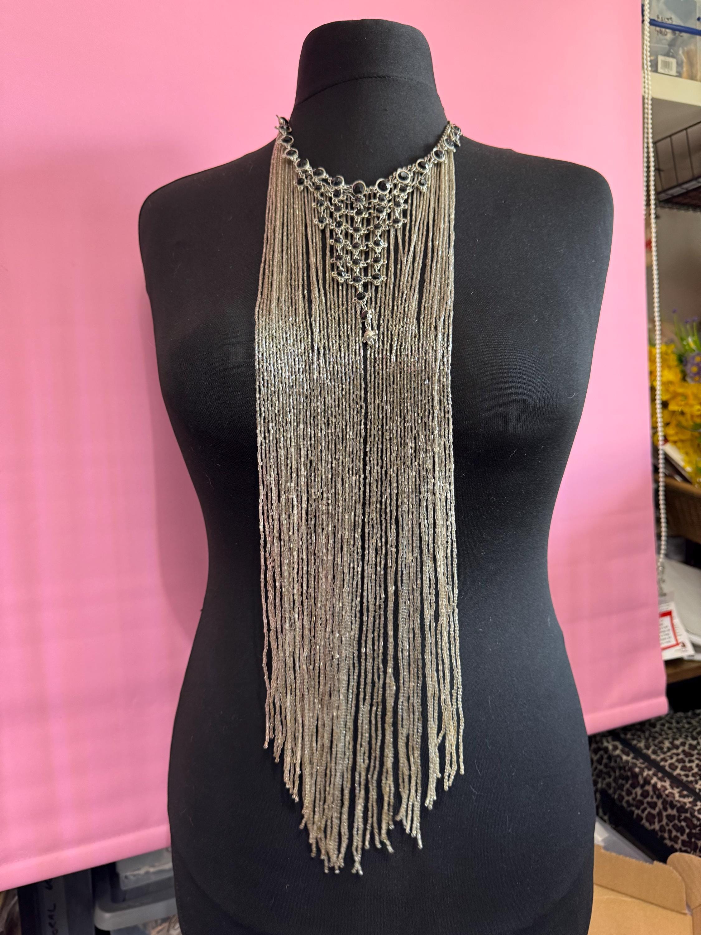 Faceted Glass Beaded Fringed Bib Necklace - Runway Fashion