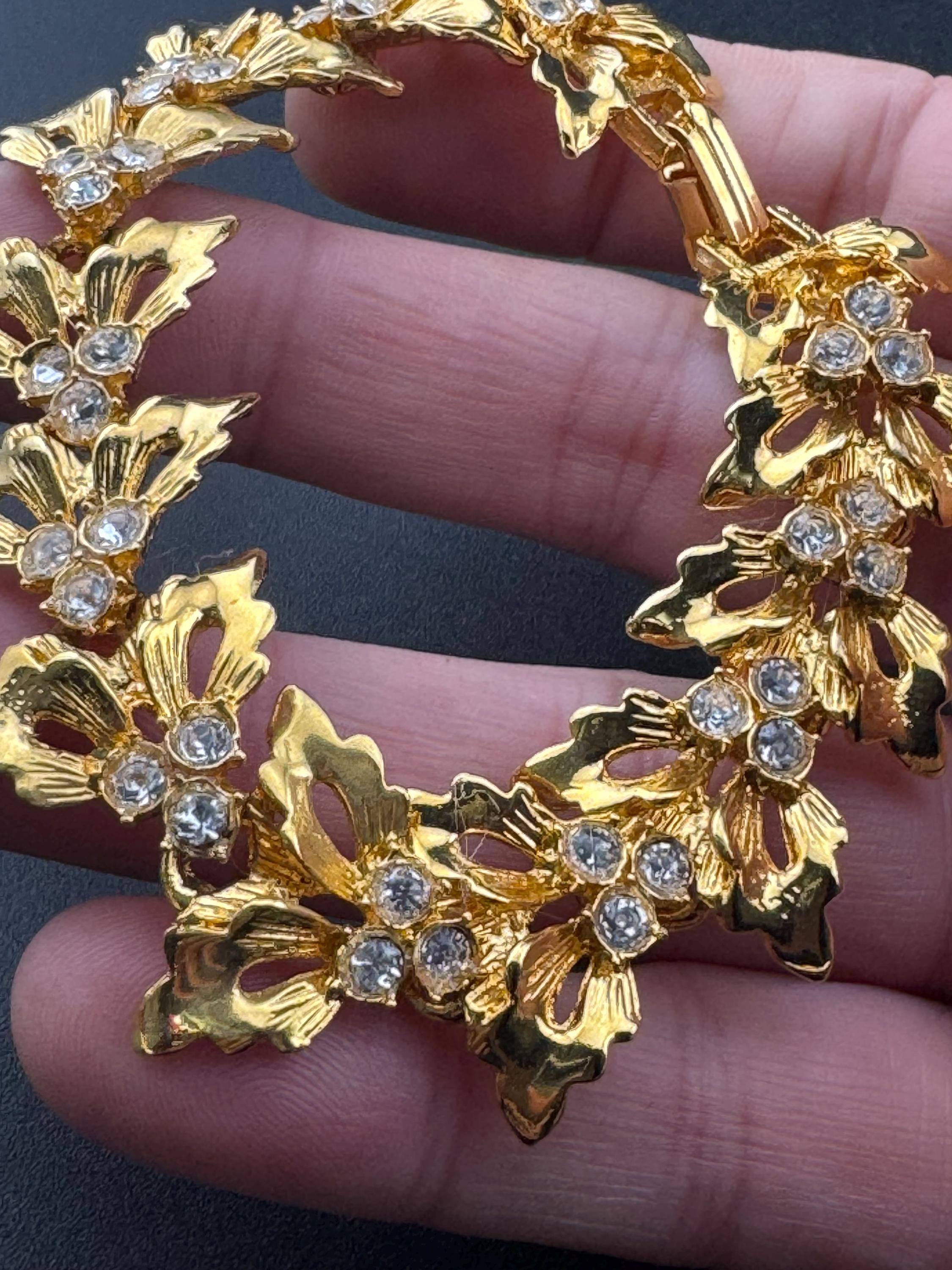 Vintage gold plated clear diamanté rhinestone wide leaf panel bracelet and clip on earrings matching set