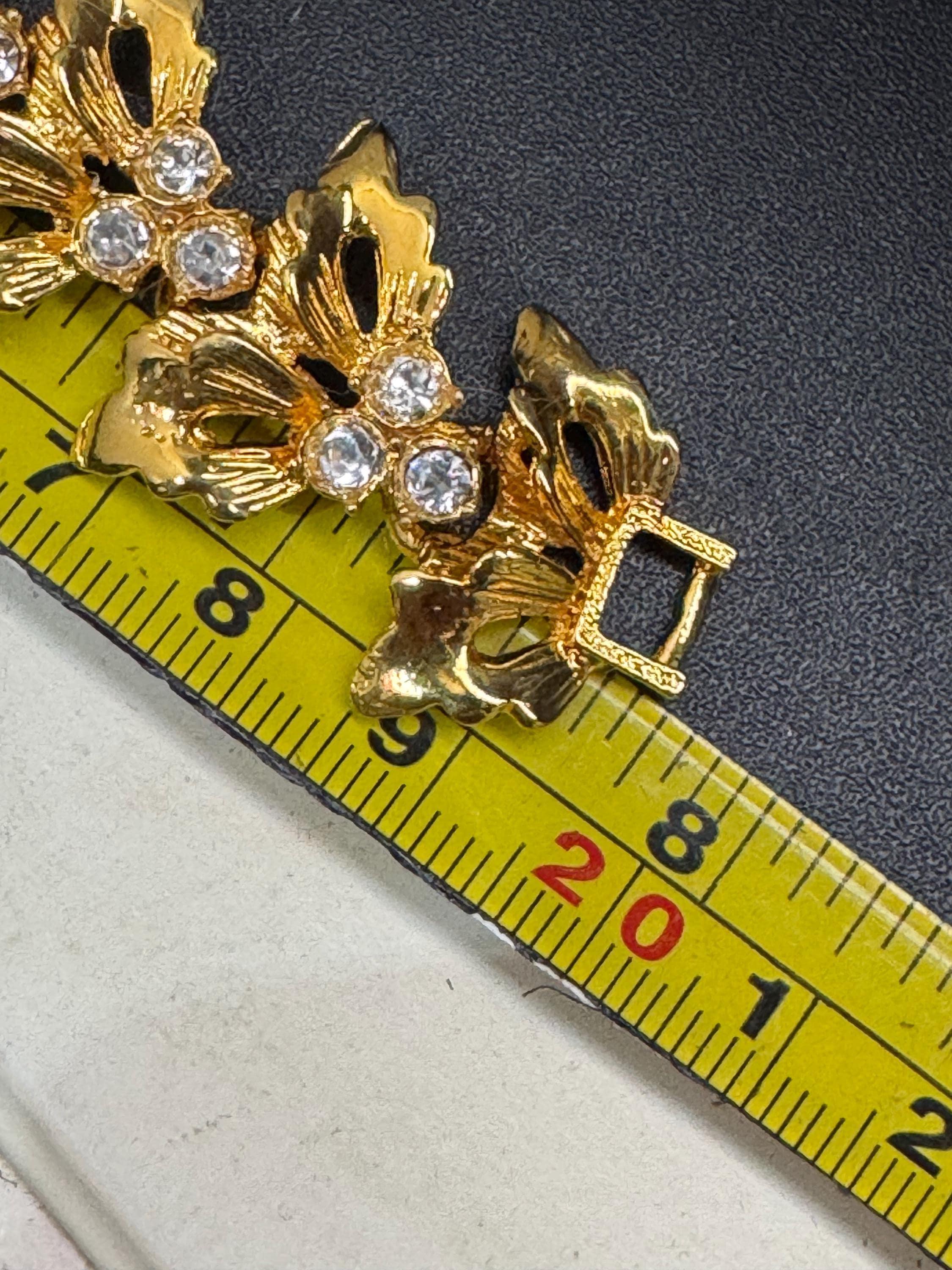 Vintage gold plated clear diamanté rhinestone wide leaf panel bracelet and clip on earrings matching set