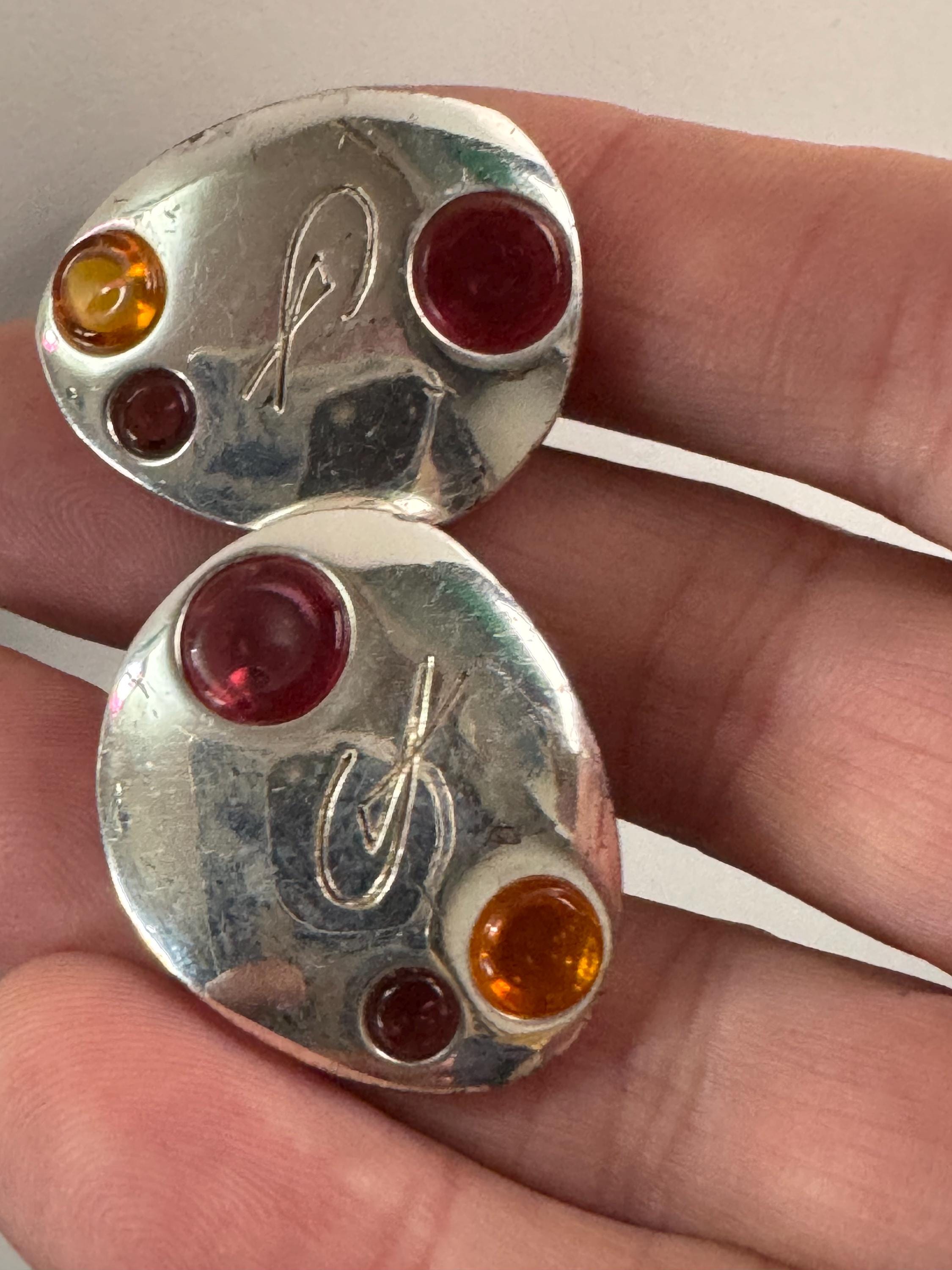 Signed Christian LaCroix Vintage silver tone red amber orange gripoix poured glass clip on earrings
