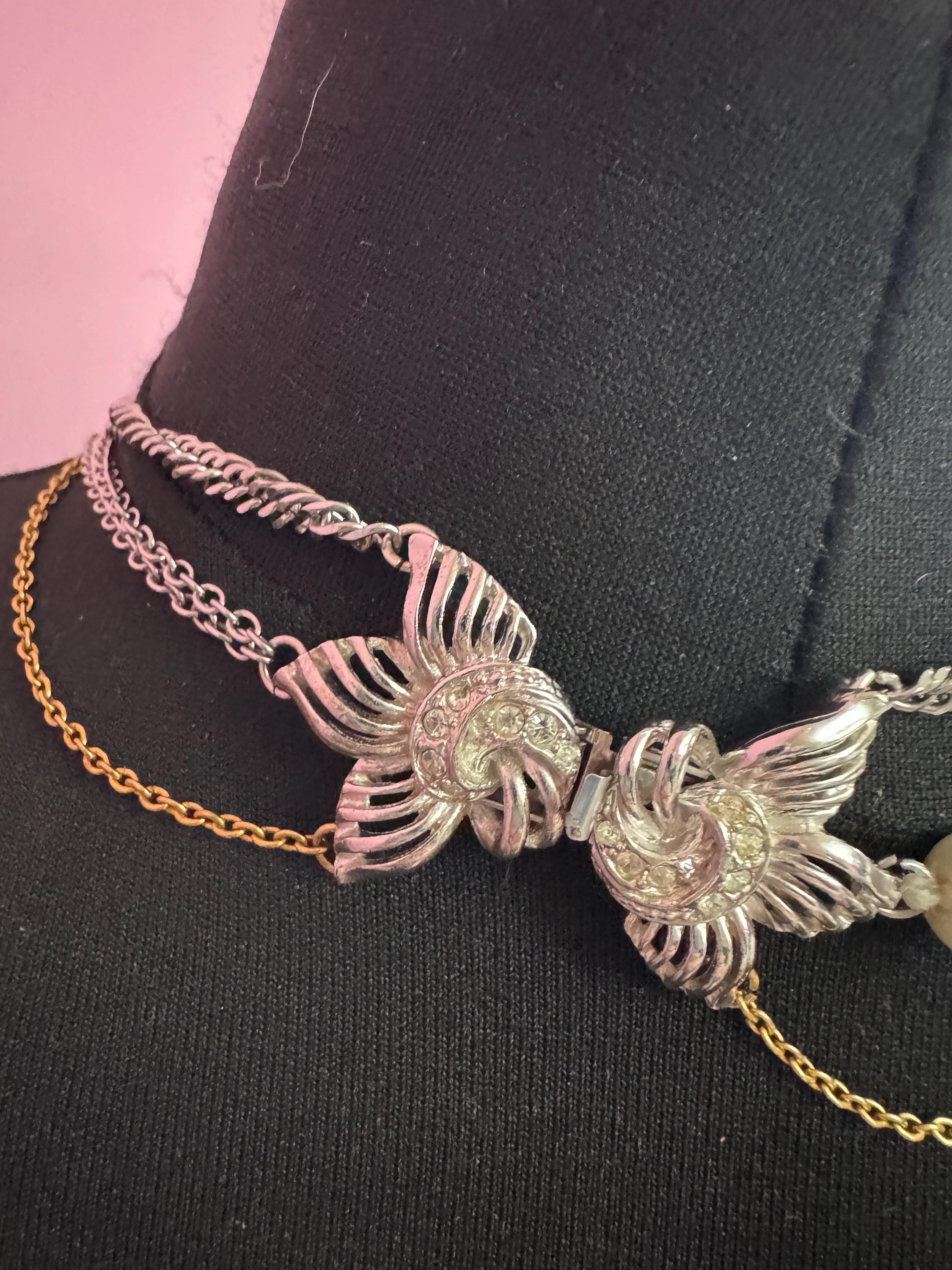 Unique artisan reworked vintage jewellery glass pearl and rhinestone beaded Multistrand layering necklace