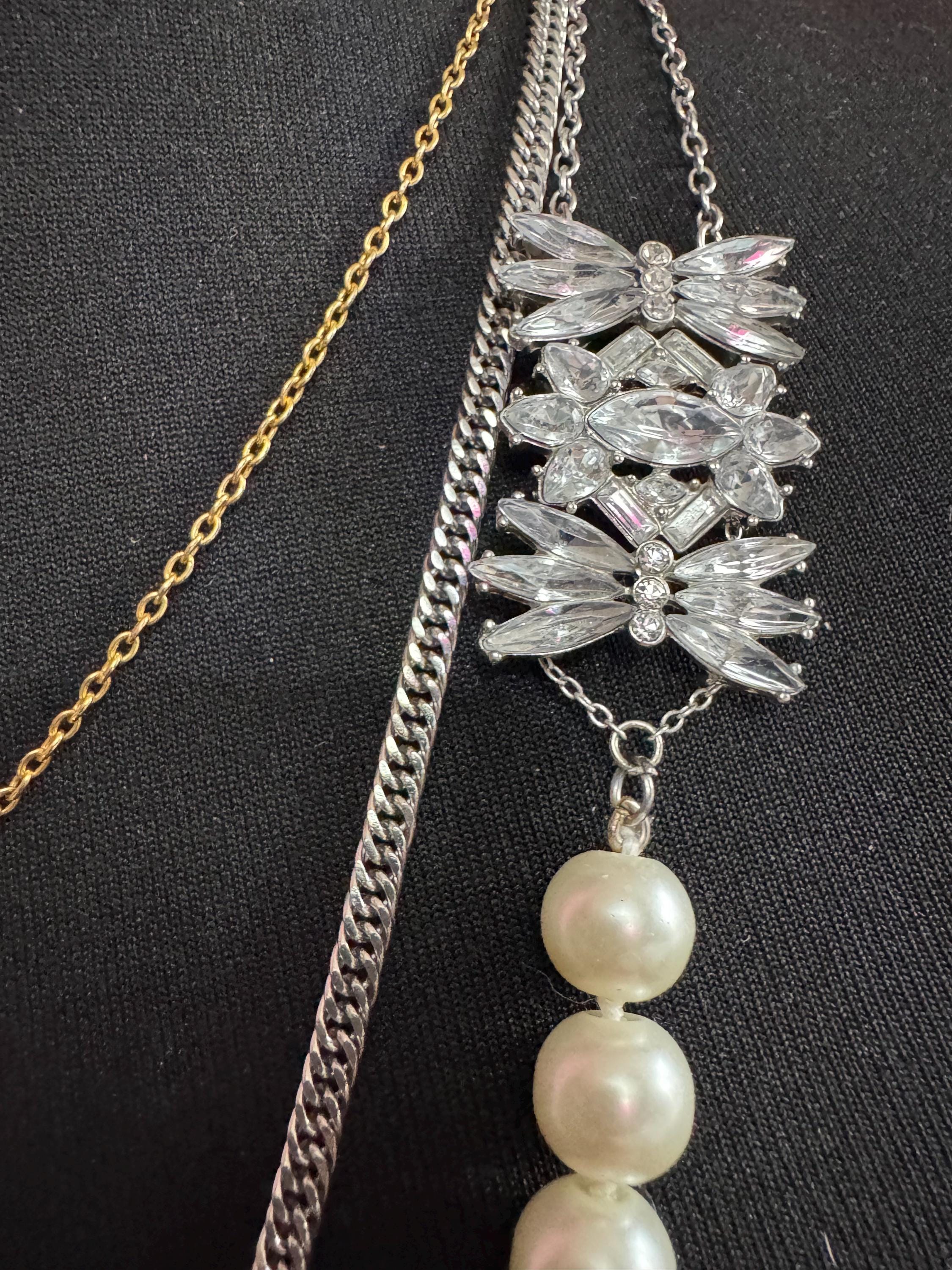 Unique artisan reworked vintage jewellery glass pearl and rhinestone beaded Multistrand layering necklace