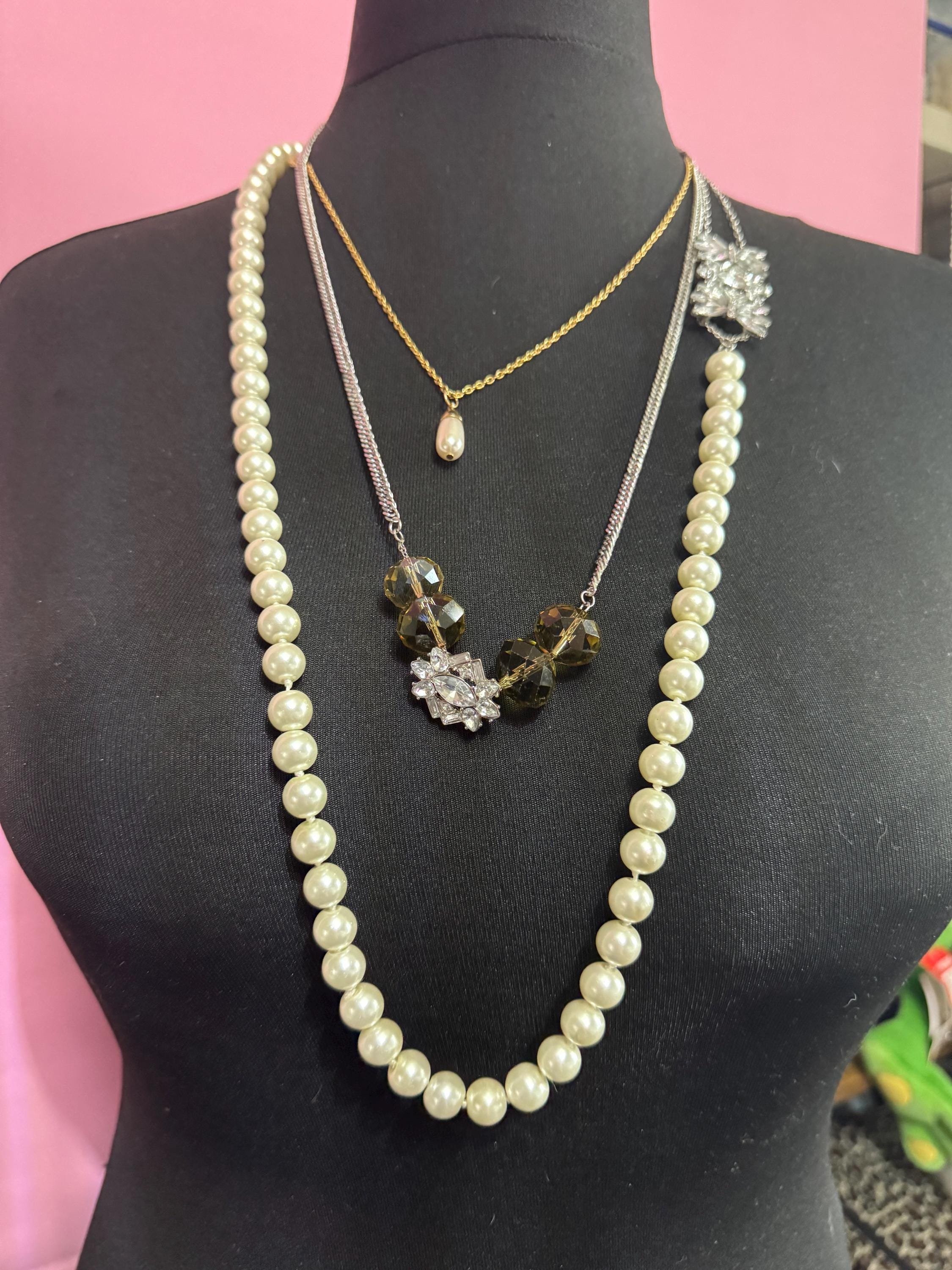 Unique artisan reworked vintage jewellery glass pearl and rhinestone beaded Multistrand layering necklace