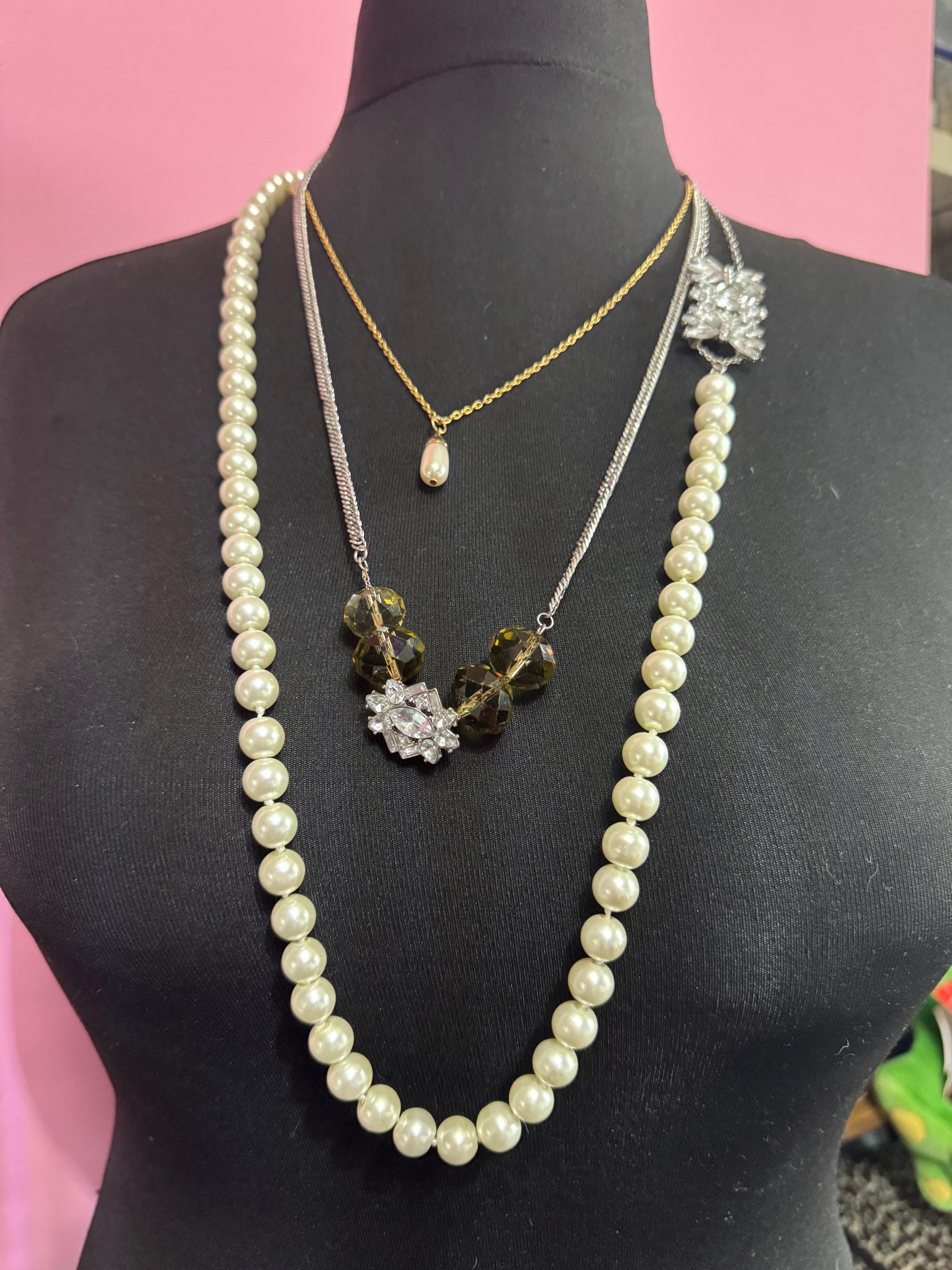 Unique artisan reworked vintage jewellery glass pearl and rhinestone beaded Multistrand layering necklace