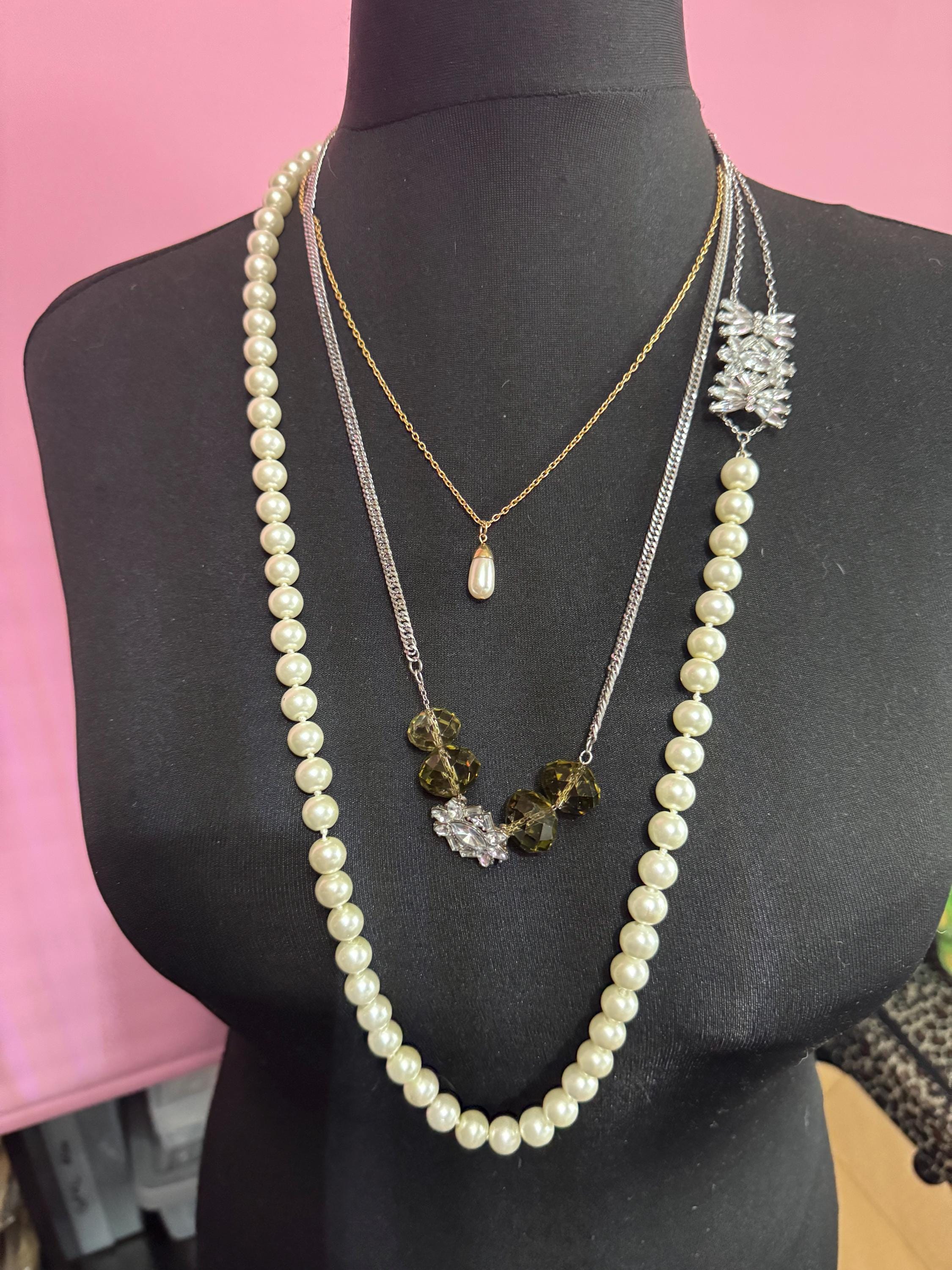 Unique artisan reworked vintage jewellery glass pearl and rhinestone beaded Multistrand layering necklace