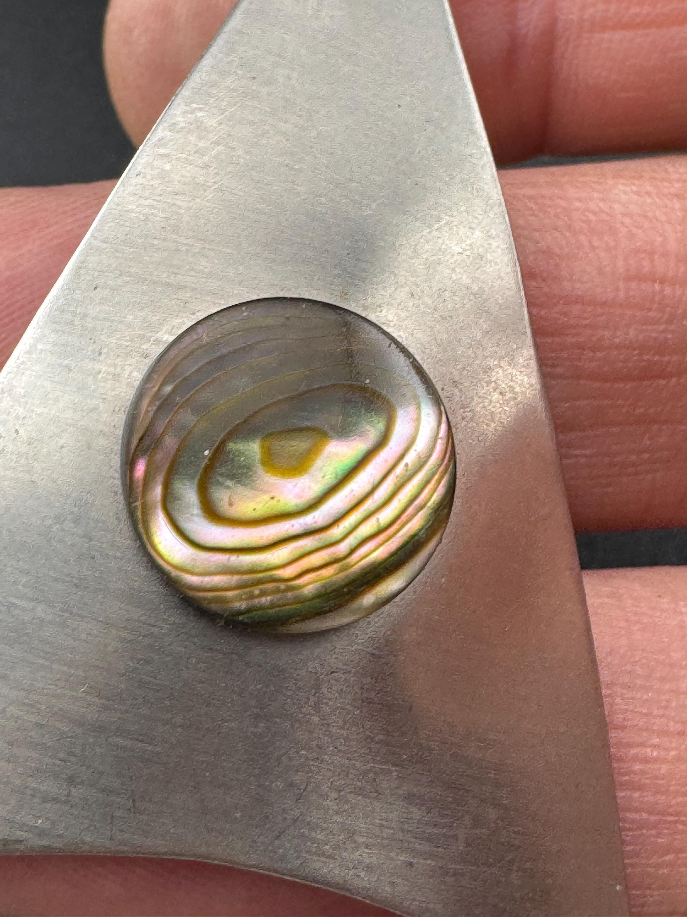 Vintage Stainless Steel Pendant Necklace: MOP Abalone Shell, Mid Century Modern