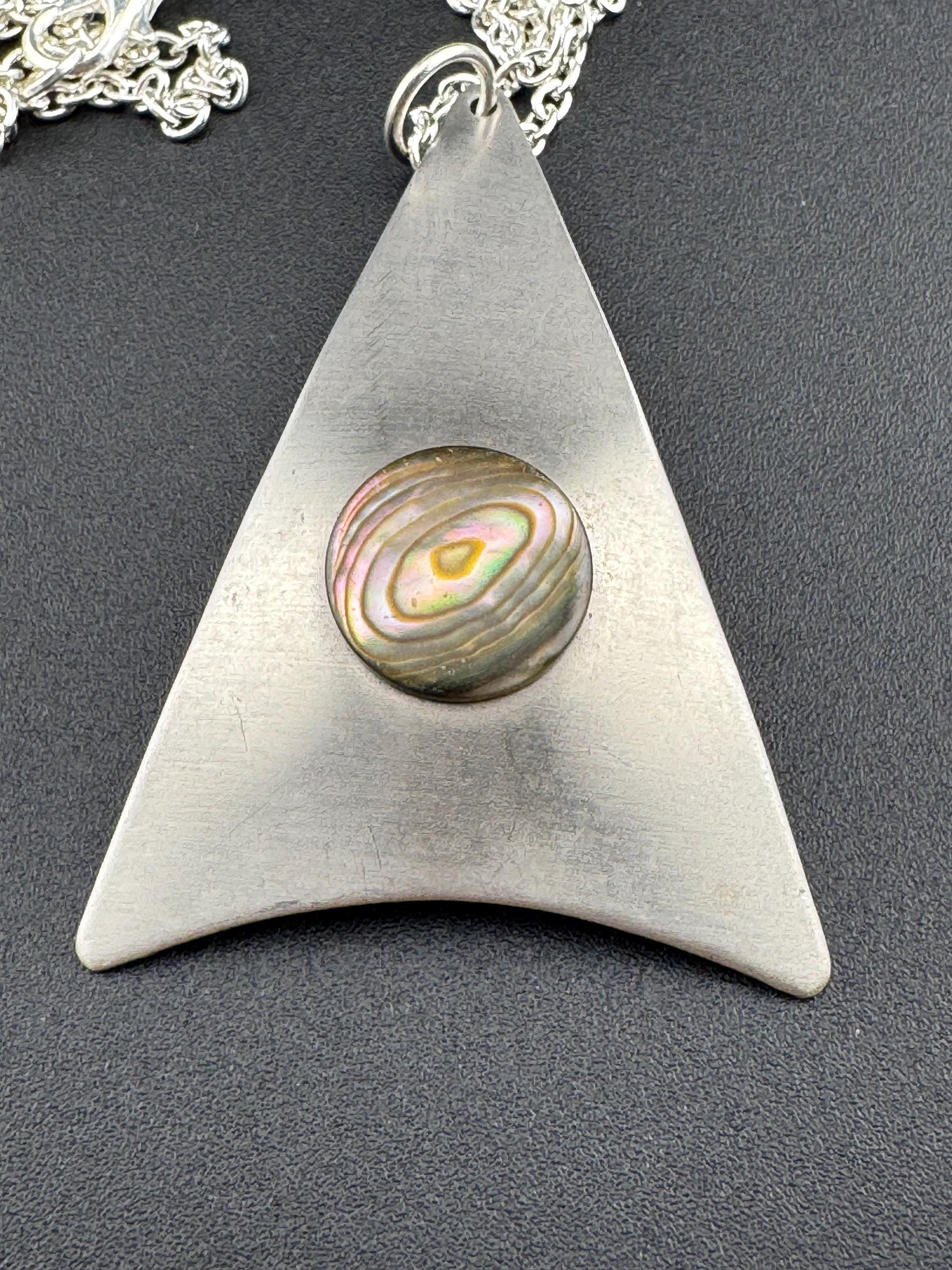 Vintage Stainless Steel Pendant Necklace: MOP Abalone Shell, Mid Century Modern