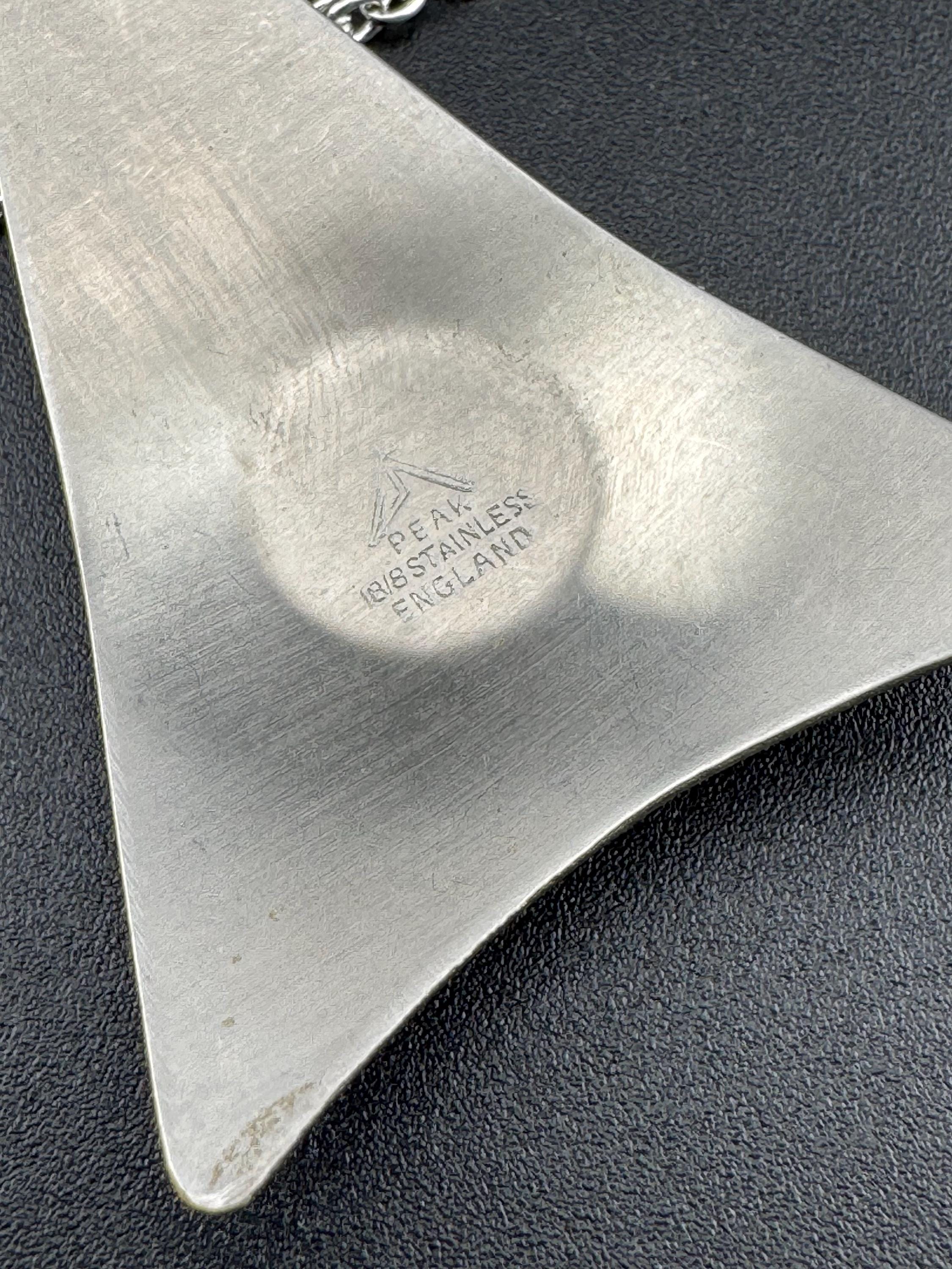 Vintage Stainless Steel Pendant Necklace: MOP Abalone Shell, Mid Century Modern