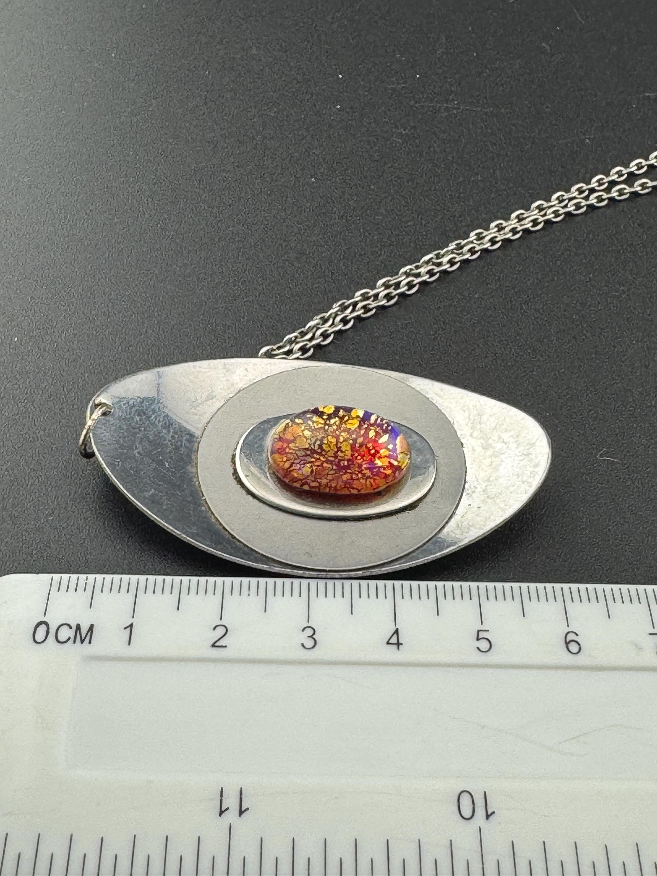 Vintage Modernist Stainless Steel Necklace: Purple Crackle Glass Cabochon, 1970s