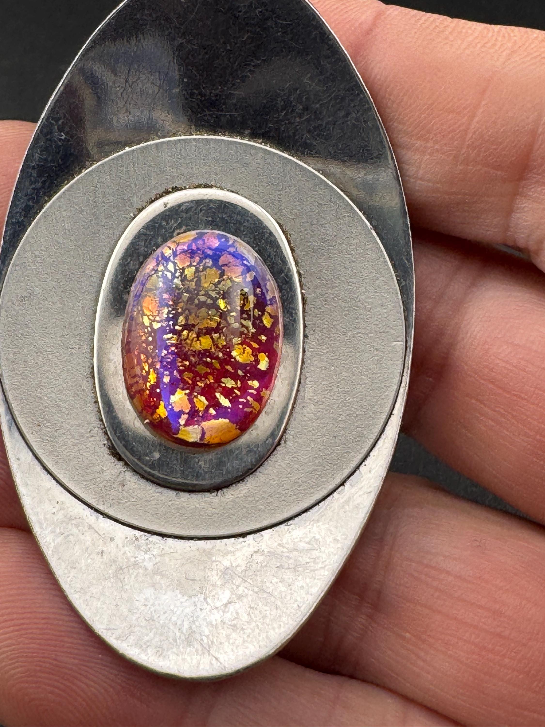 Vintage Modernist Stainless Steel Necklace: Purple Crackle Glass Cabochon, 1970s