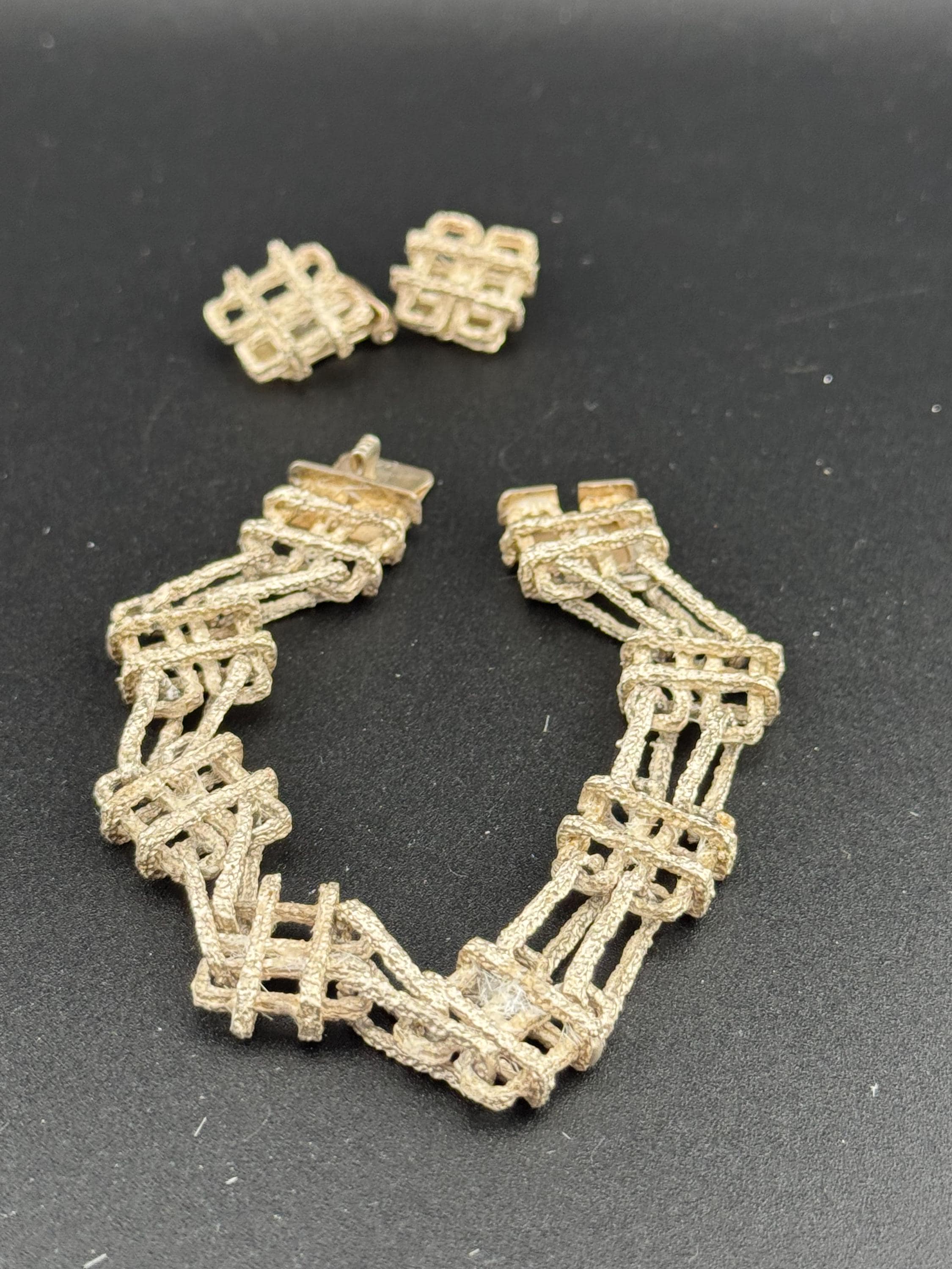 Vintage Sterling Silver Bark Textured Bracelet and Clip-On Earrings Set