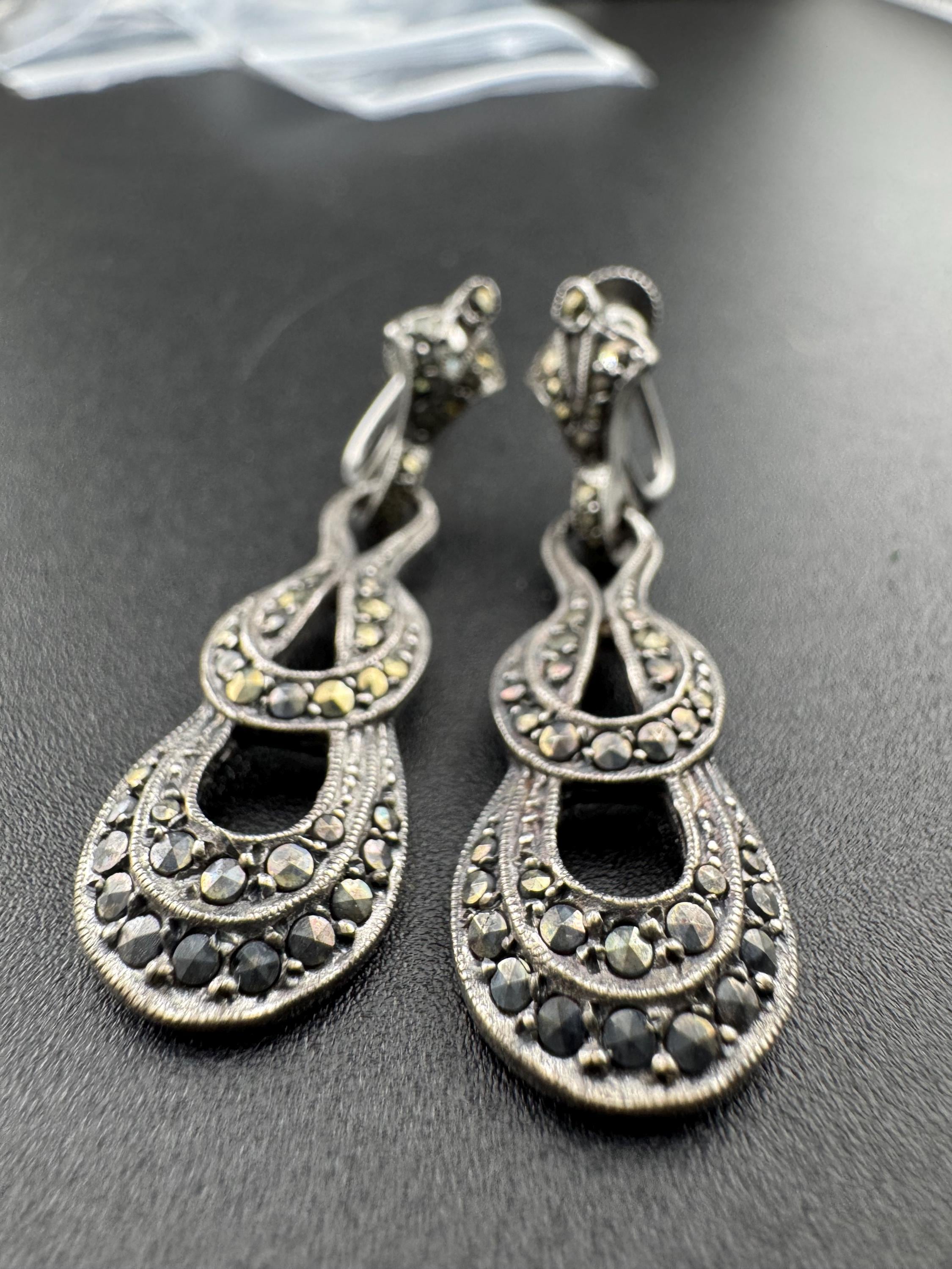 Antique Vintage Sterling 925 Silver Art Deco Marcasite Drop Clip on screw back Earrings