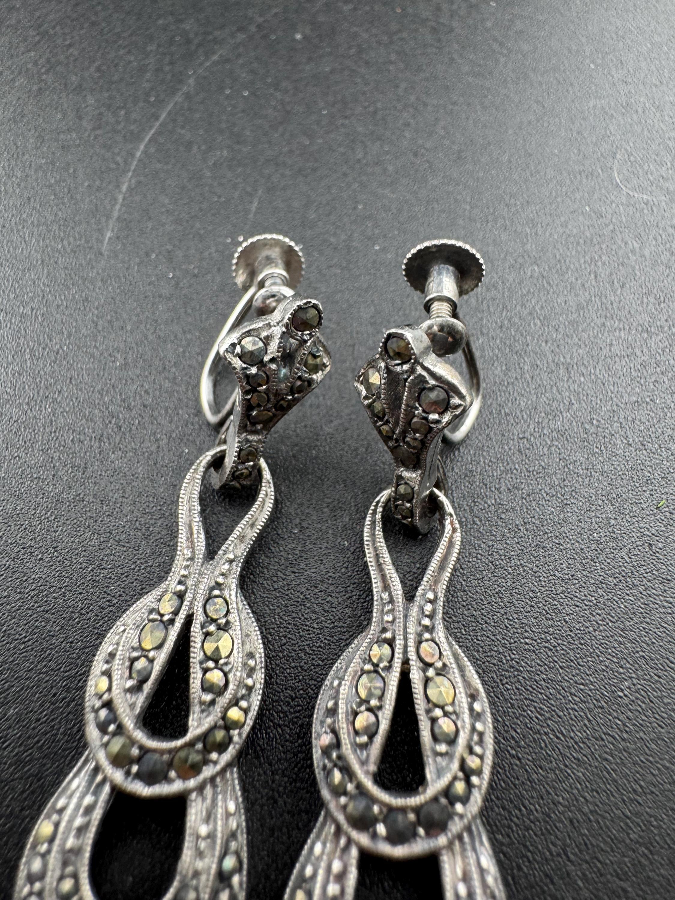 Antique Vintage Sterling 925 Silver Art Deco Marcasite Drop Clip on screw back Earrings